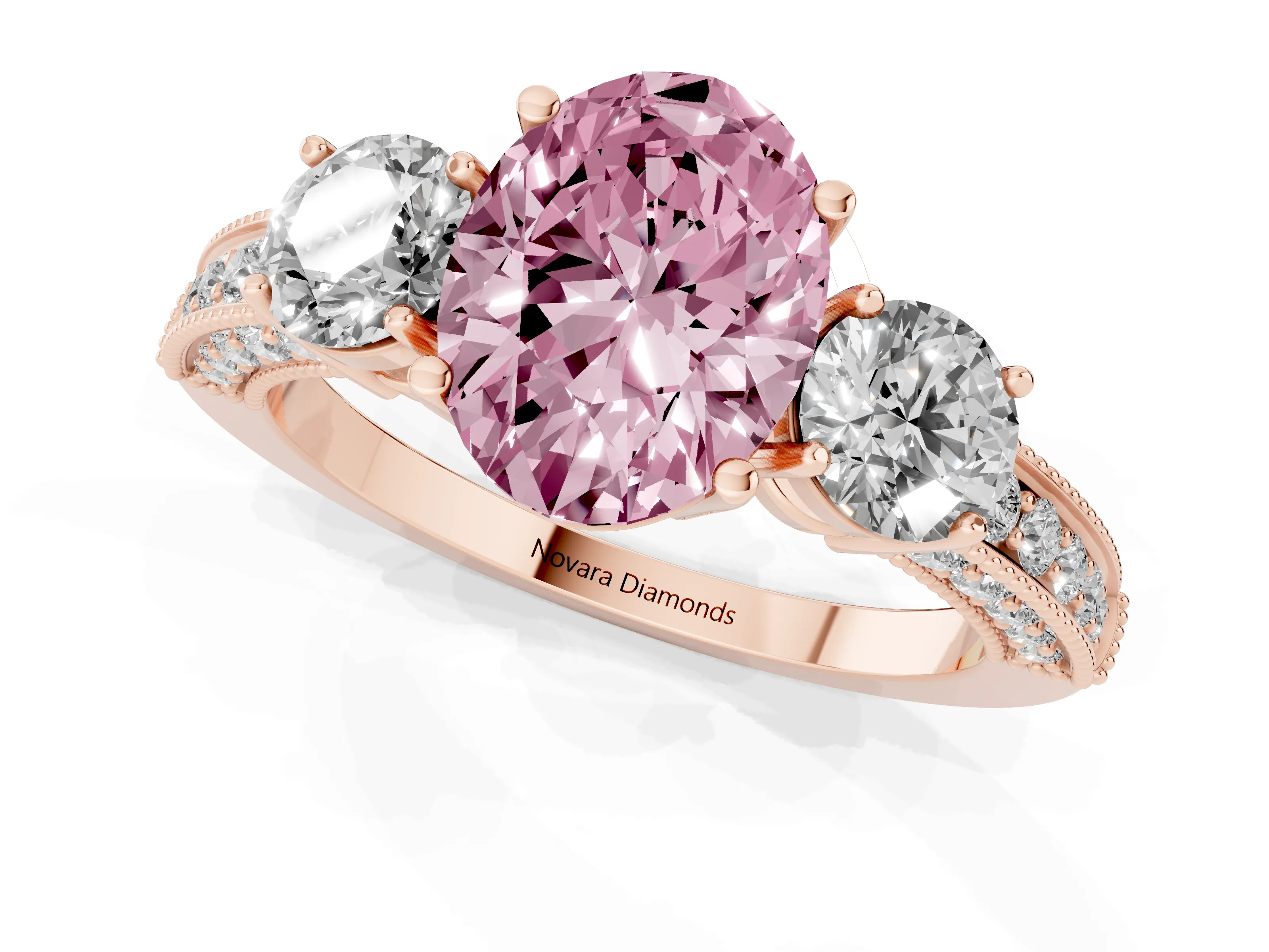Fancy Pink Oval Cut Diamond Three-Stone Ring Set in Rose gold with Round Side Stones and Pavé Band