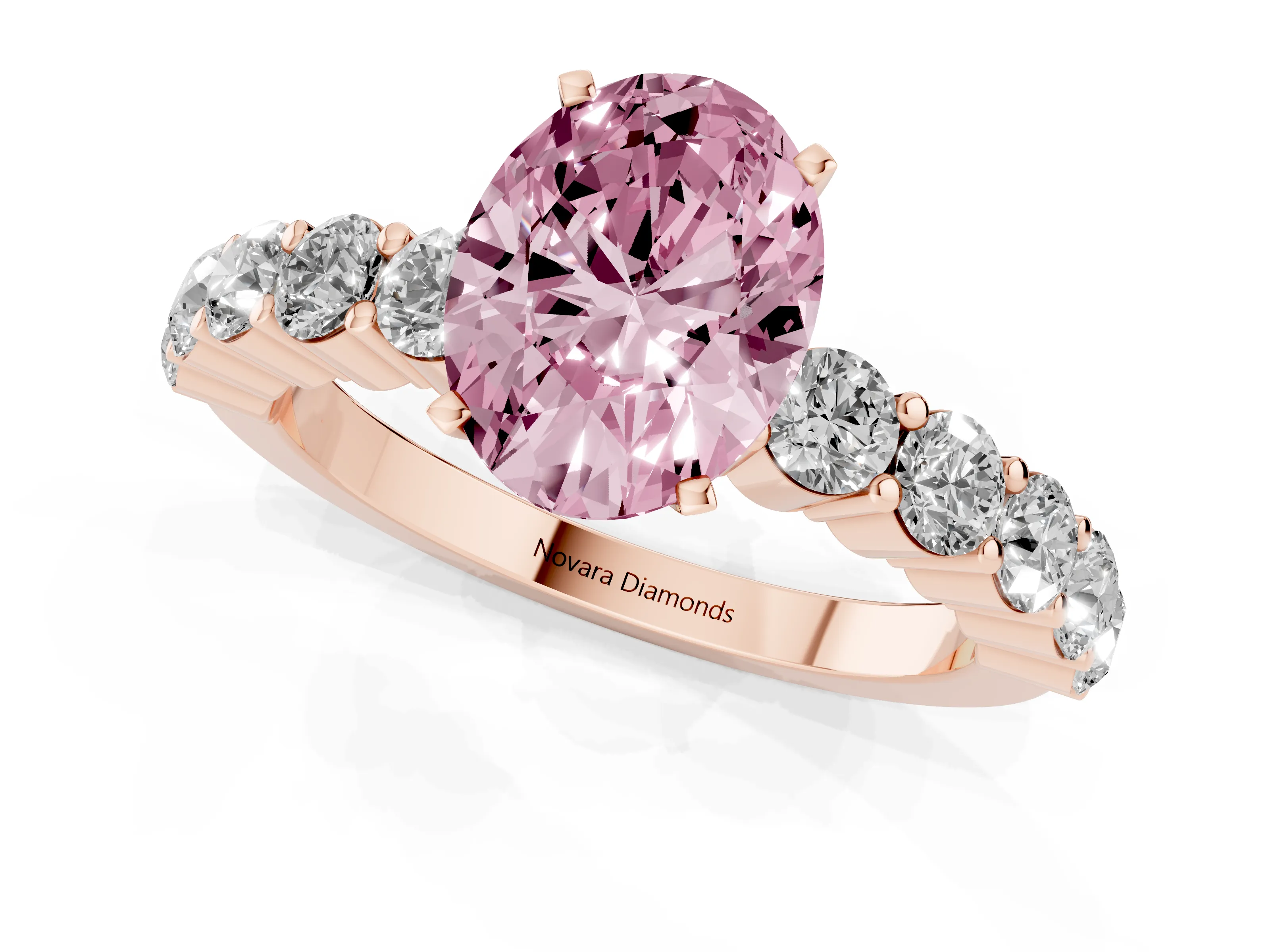 Fancy Pink Oval Cut Diamond Solitaire Ring Set in Rose gold with Shared Prong Round Side Stones