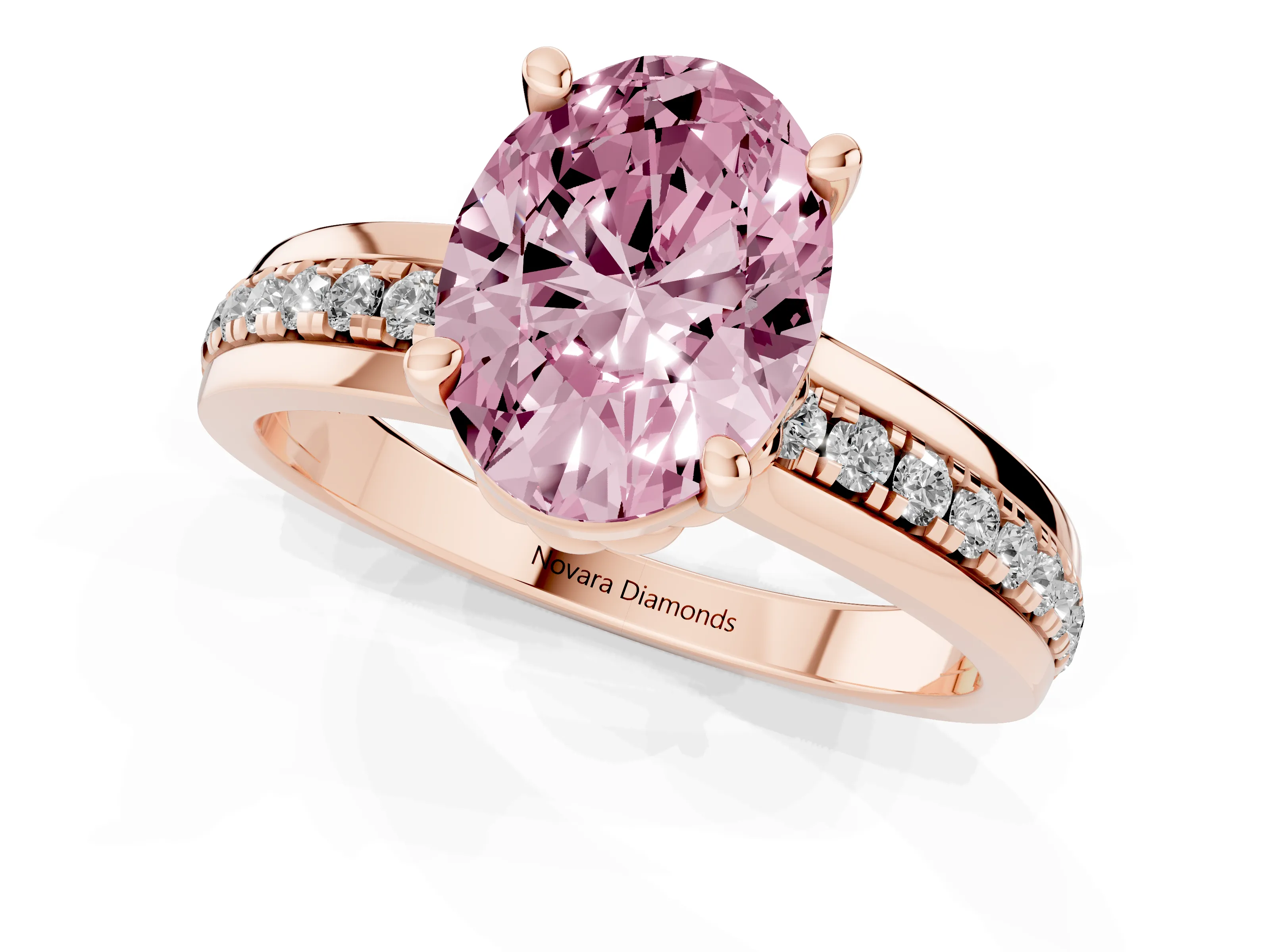 Fancy Pink Oval Cut Diamond Solitaire Ring Set in Rose gold with Channel Set Band and Prong Setting