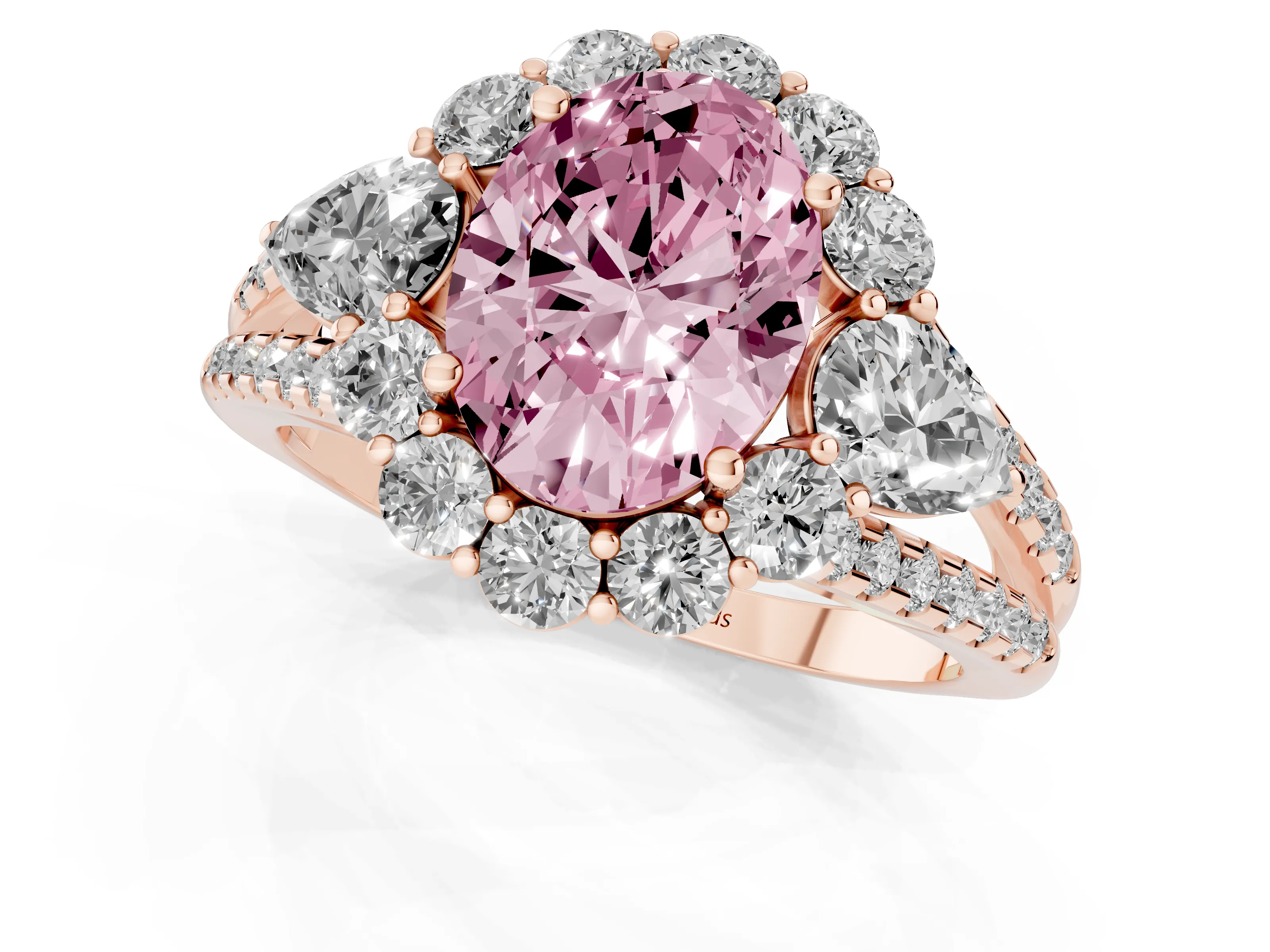 Fancy Pink Oval Cut Diamond Halo Split Shank Engagement Ring Set in Rose gold with Prong-Held Center Stone