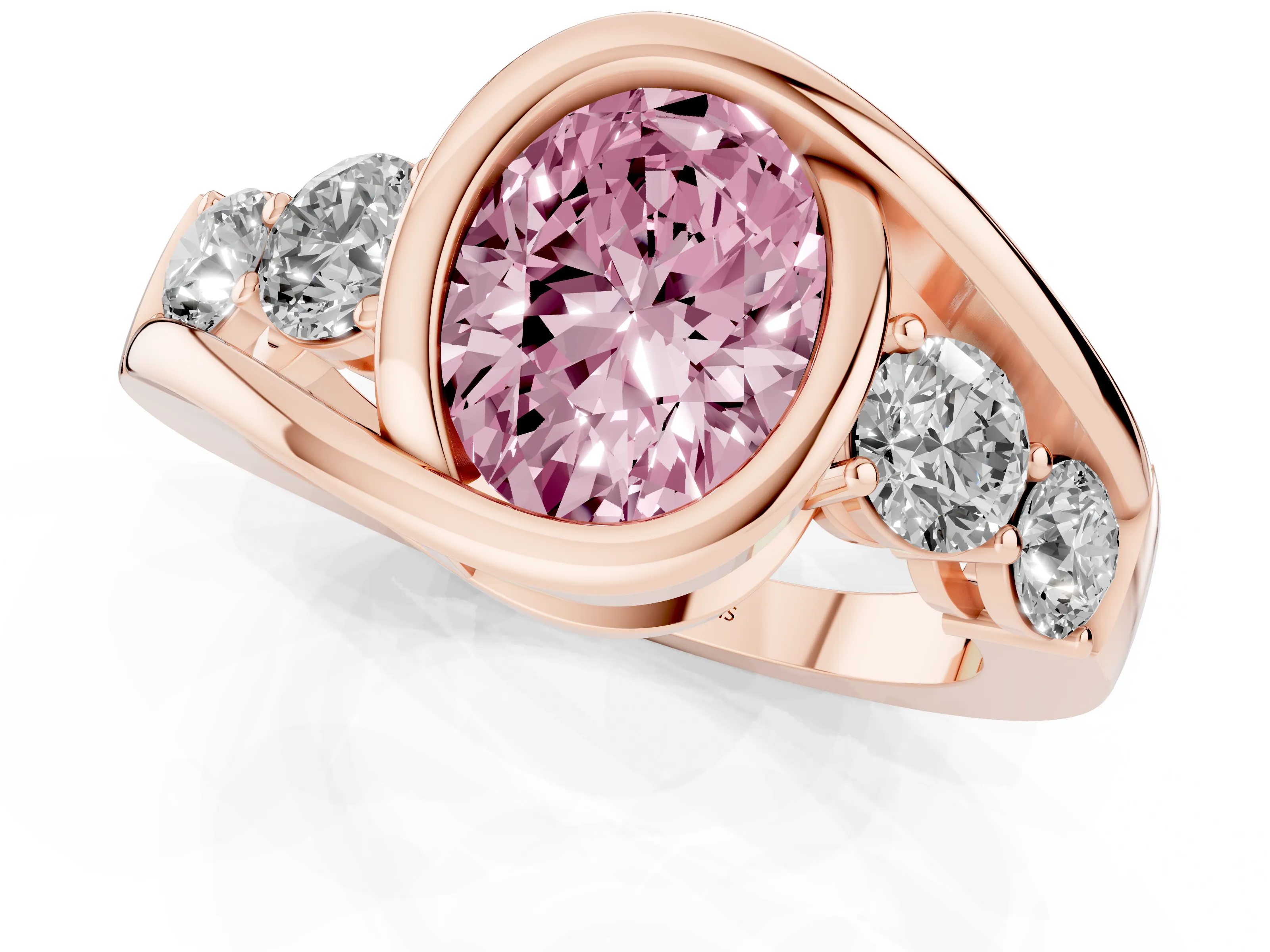 Fancy Pink Oval Cut Diamond Bezel Bypass Ring Set in Rose gold with Round Accents