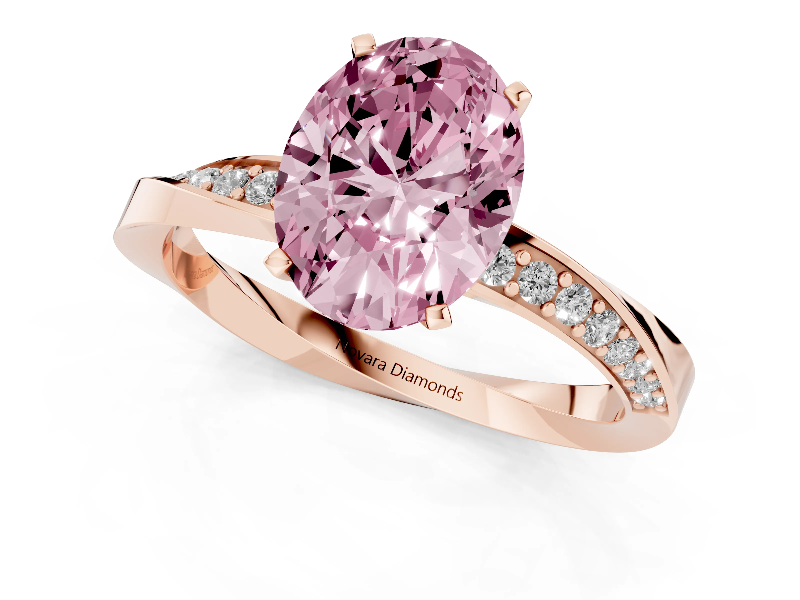 Fancy Pink Oval Cut Diamond Engagement Ring Set in Rose gold with Side Stone Accents and Prong Setting
