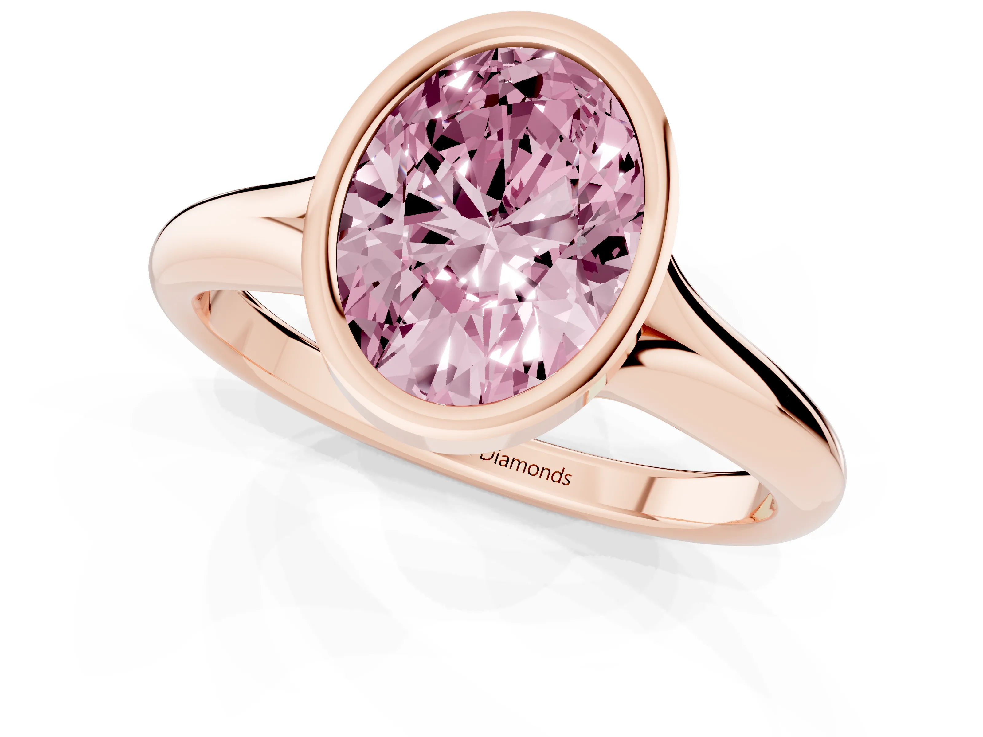 Fancy Pink Bezel Set Oval Cut Diamond Solitaire Ring Set in Rose gold with Smooth Band