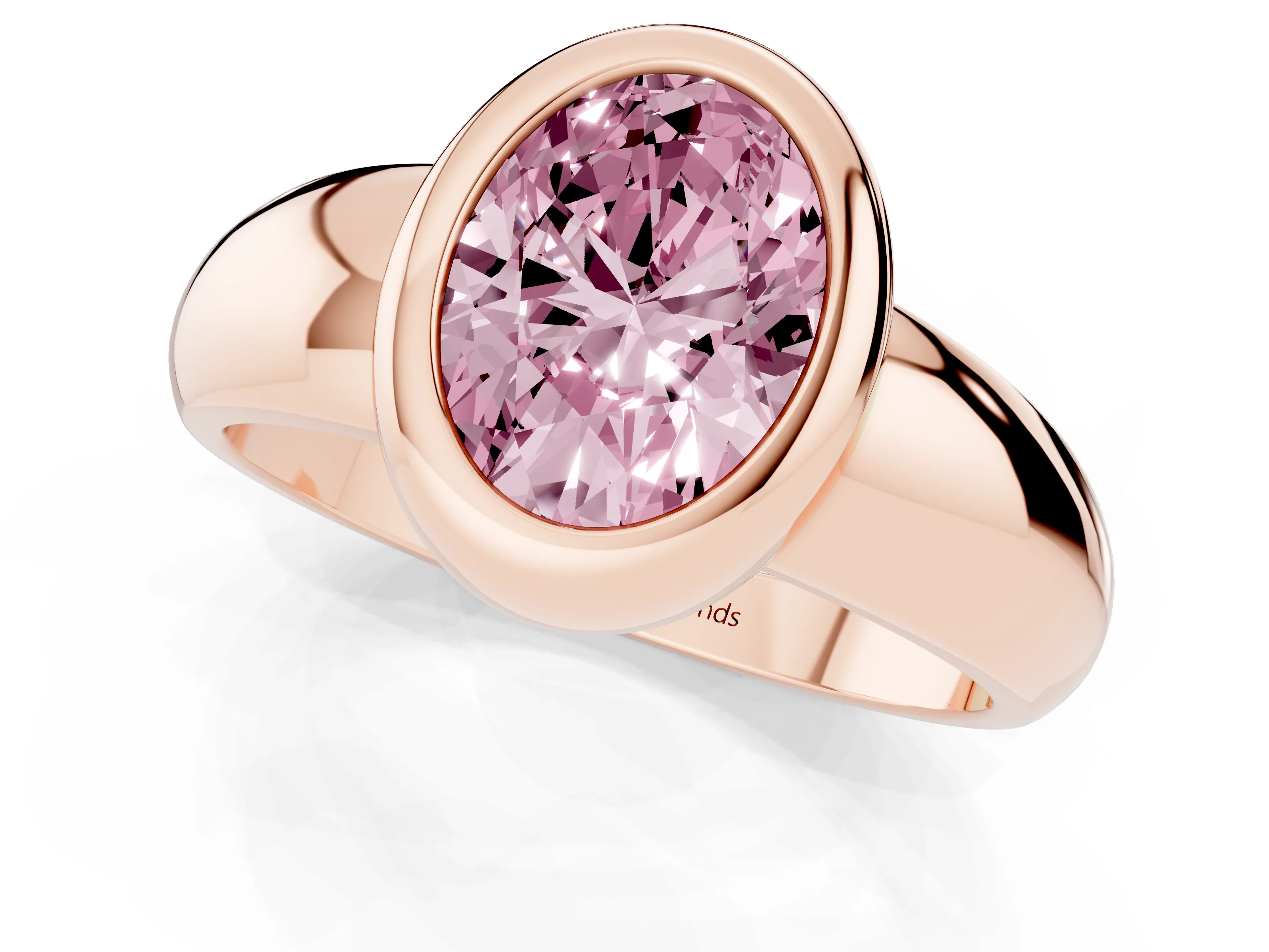 Fancy Pink Bezel Set Oval Cut Diamond Solitaire Ring Set in Rose gold with Wide Band