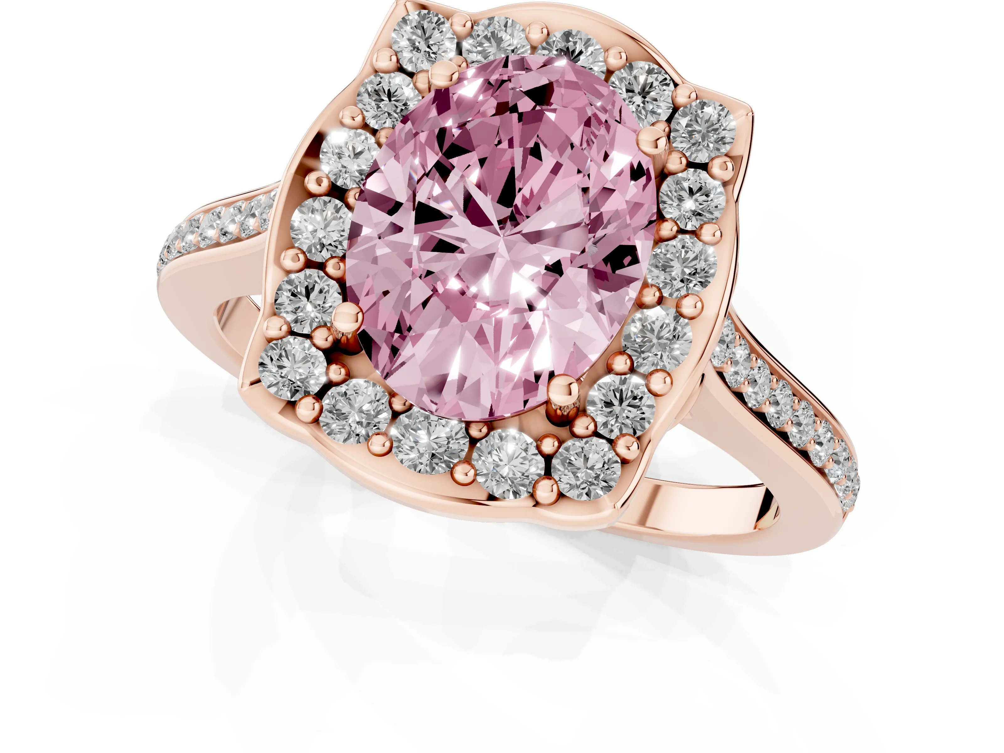 Fancy Pink Oval Cut Diamond Halo Ring Set in Rose gold with Pavé-Lined Shoulders and Prong Setting