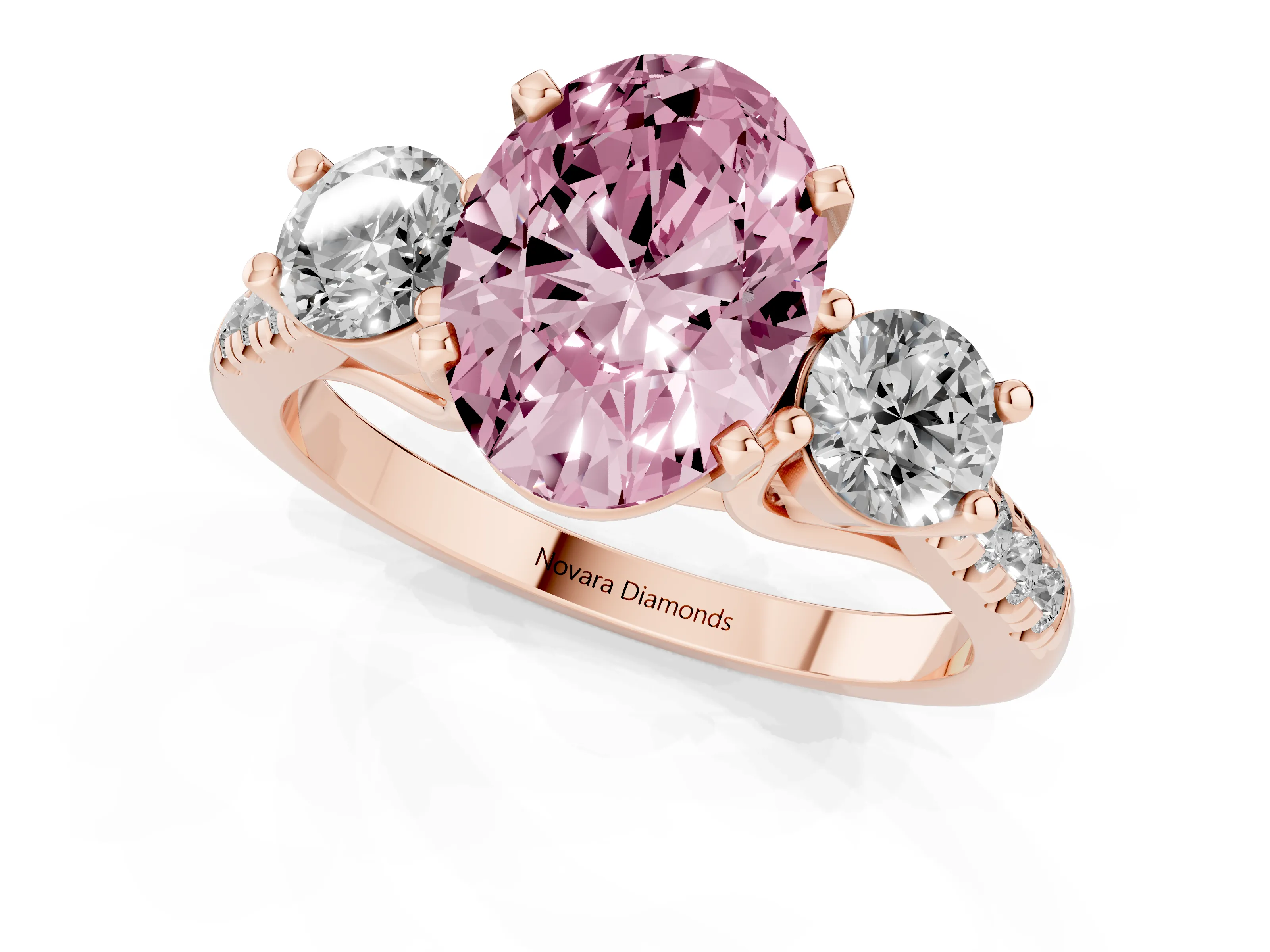 Fancy Pink Three-Stone Oval Cut Diamond Pavé Band Ring Set in Rose gold with Prong-Set Trio