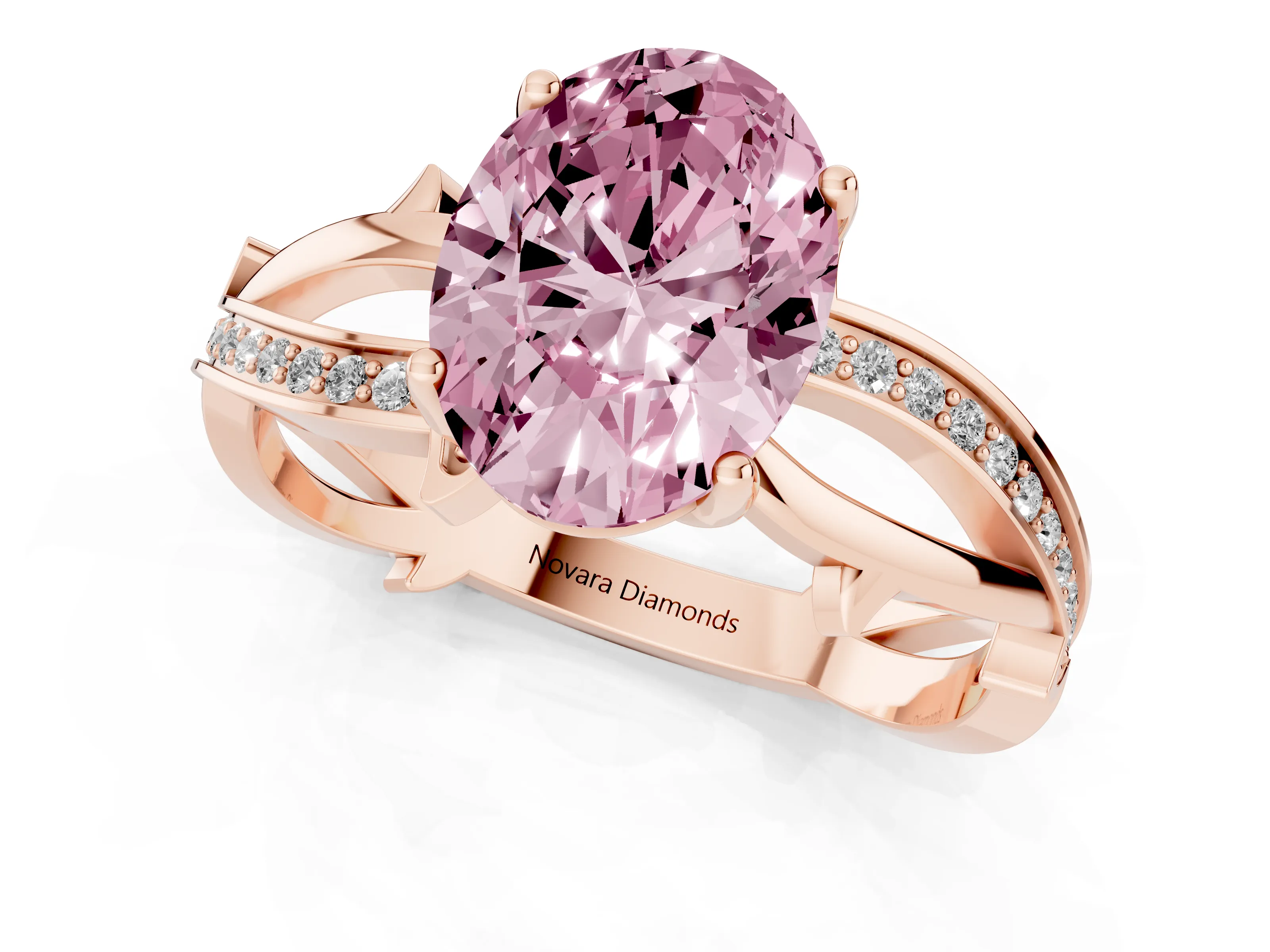 Fancy Pink Oval Cut Diamond Pavé Twist Band Solitaire Ring Set in Rose gold with Prong Setting