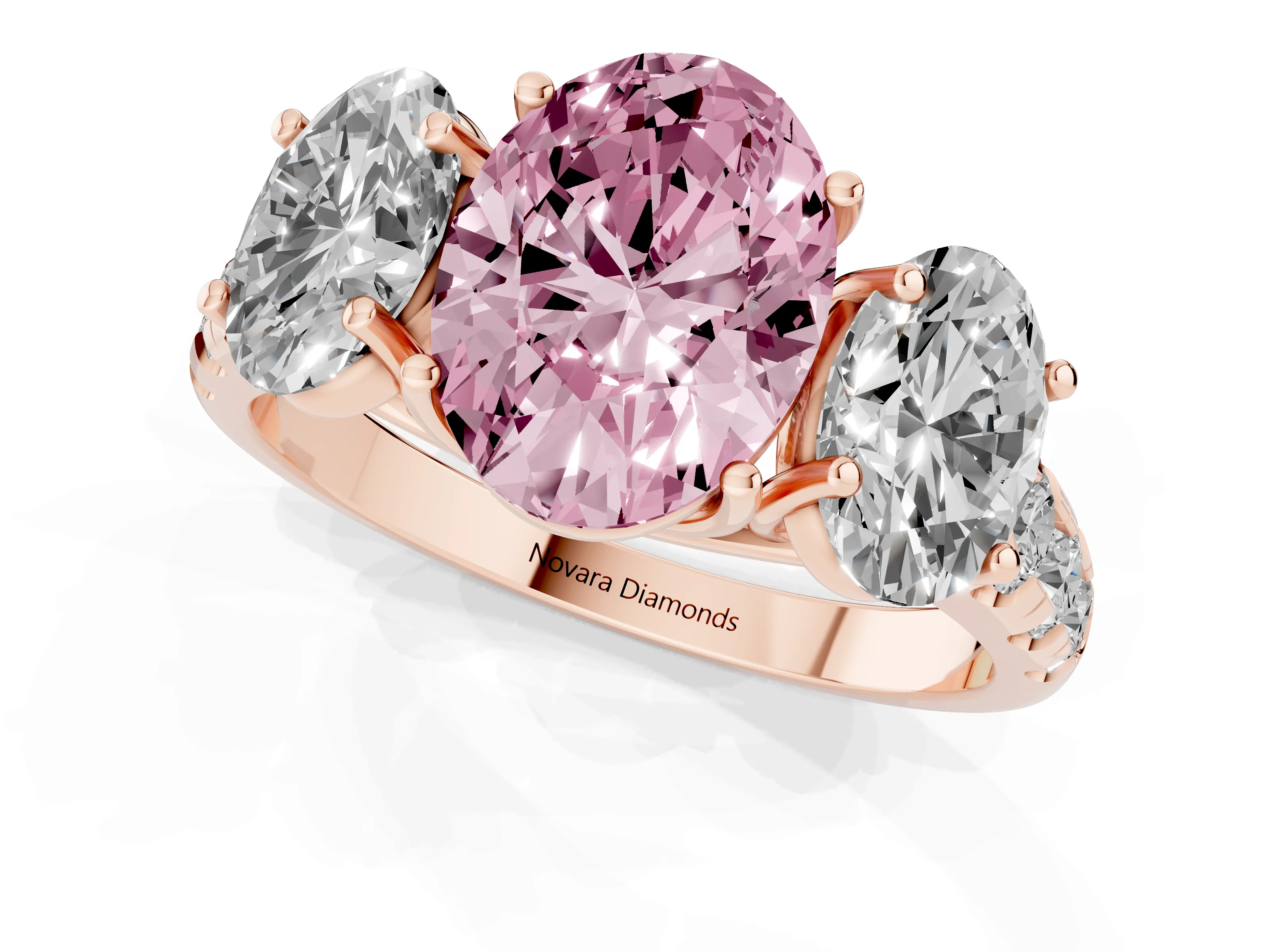 Fancy Pink Oval Cut Diamond Three-Stone Ring Set in Rose gold with Pavé Band