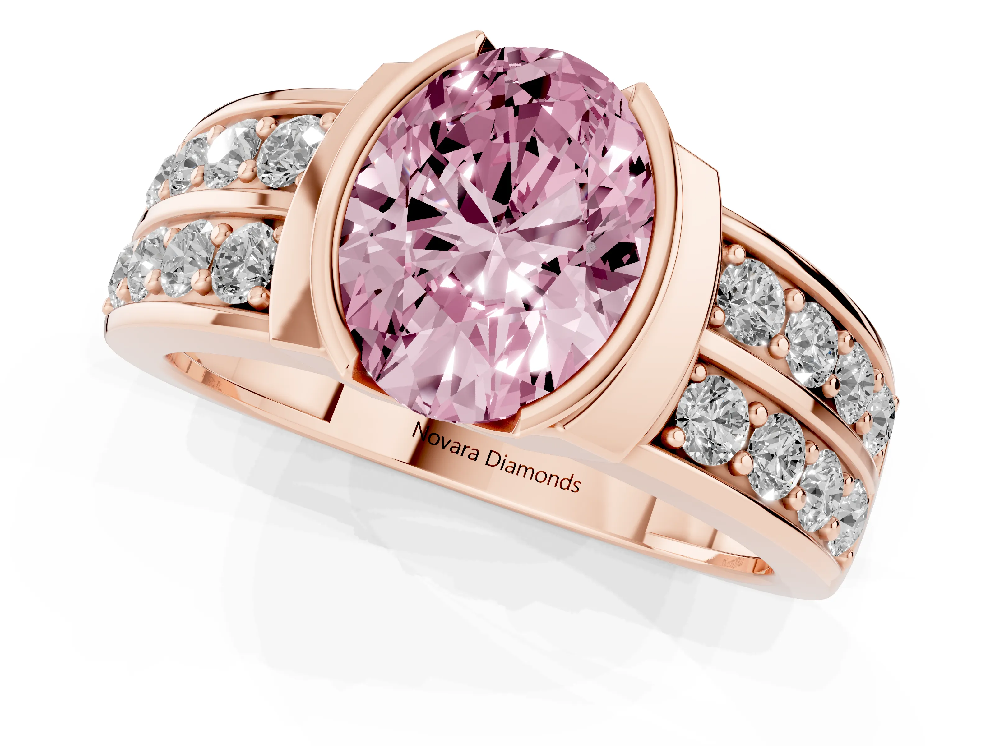 Fancy Pink Oval Cut Diamond Wide Channel Set Band Ring Set in Rose gold with Bezel Setting