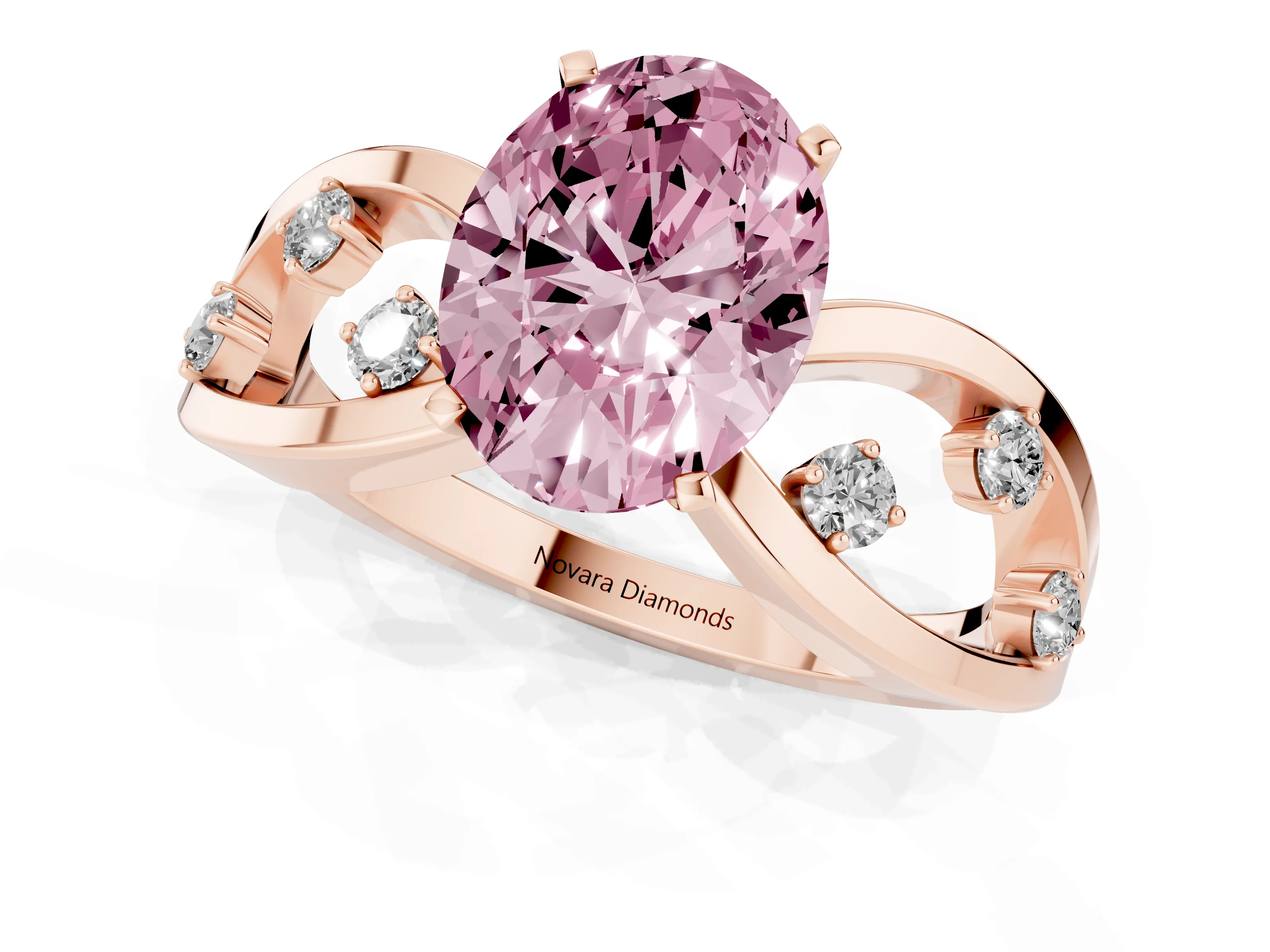 Fancy Pink Oval Cut Diamond Solitaire Ring Set in Rose gold with Side Stones on Criss-Cross Band and Prong Setting