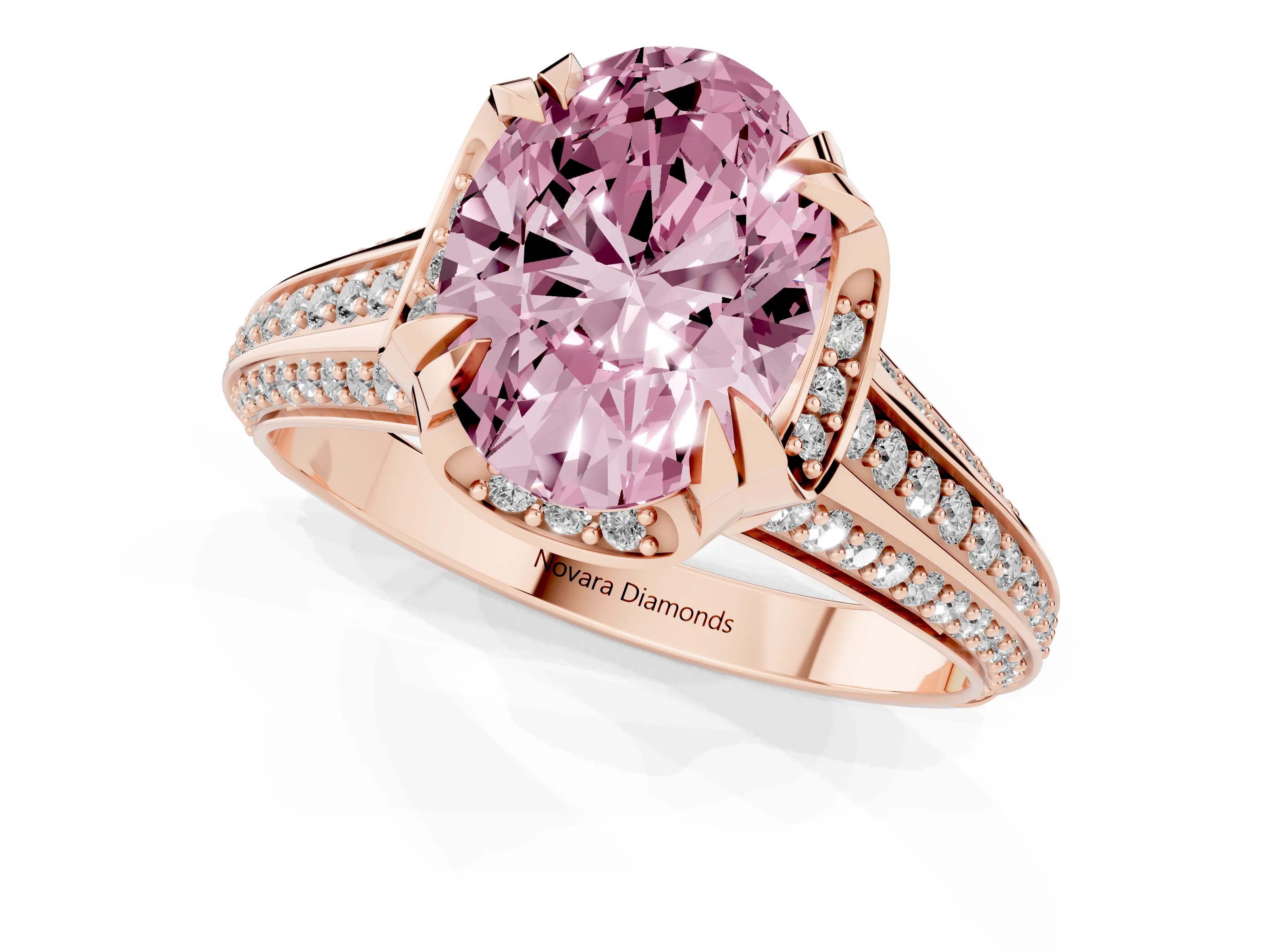 Fancy Pink Oval Cut Diamond Pavé Split Shank Solitaire Ring Set in Rose gold with Prong Setting