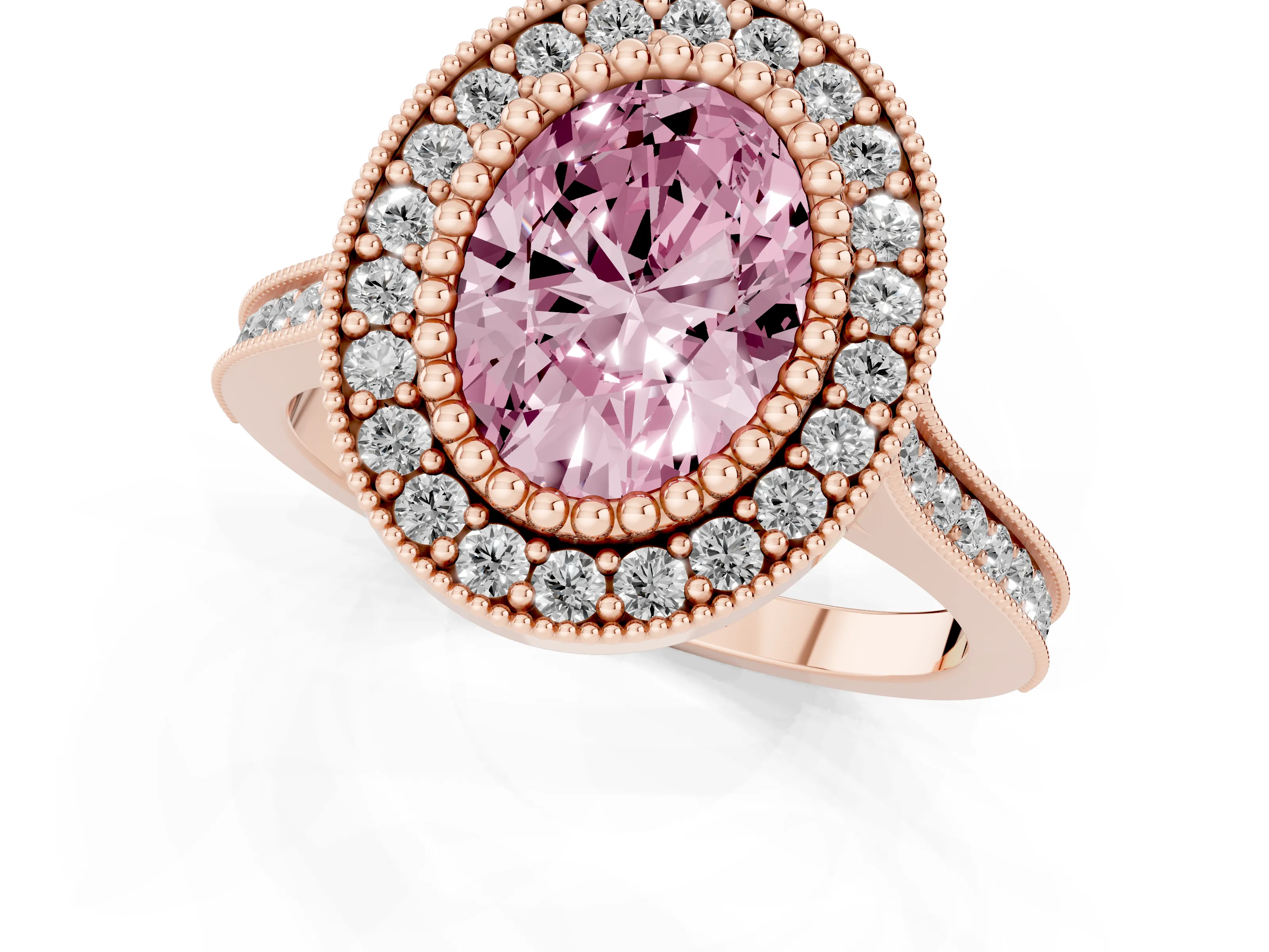 Fancy Pink Oval Cut Diamond Halo Ring Set in Rose gold with Milgrain Frame and Pavé Band