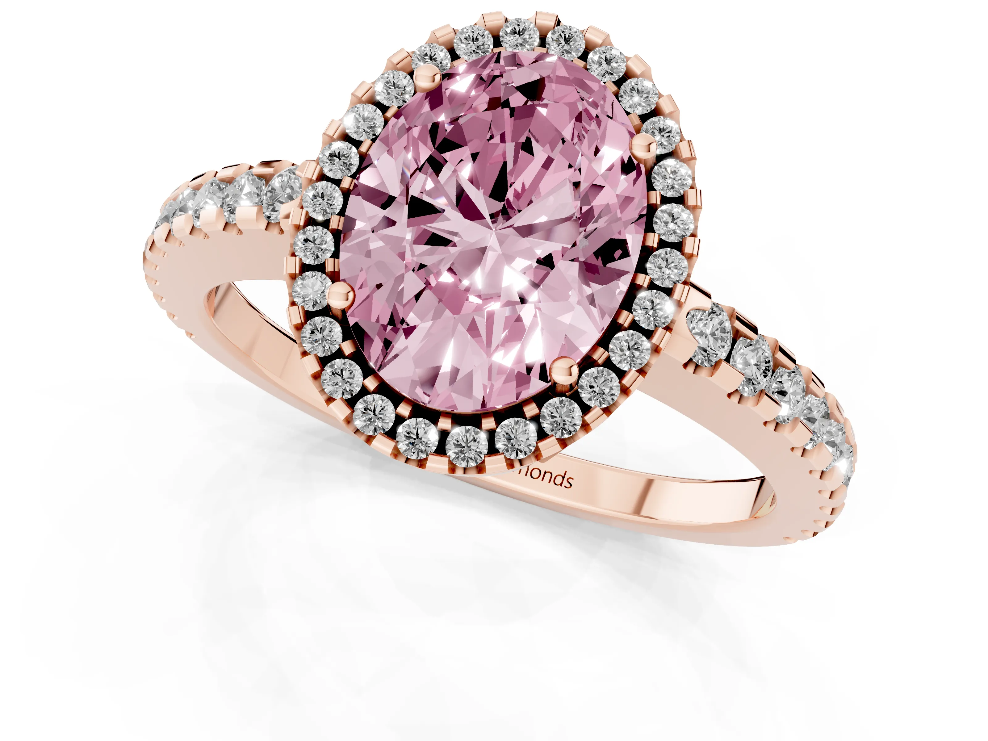 Fancy Pink Oval Cut Diamond Halo Ring Set in Rose gold with Pavé Shoulders and Halo-Framed Center