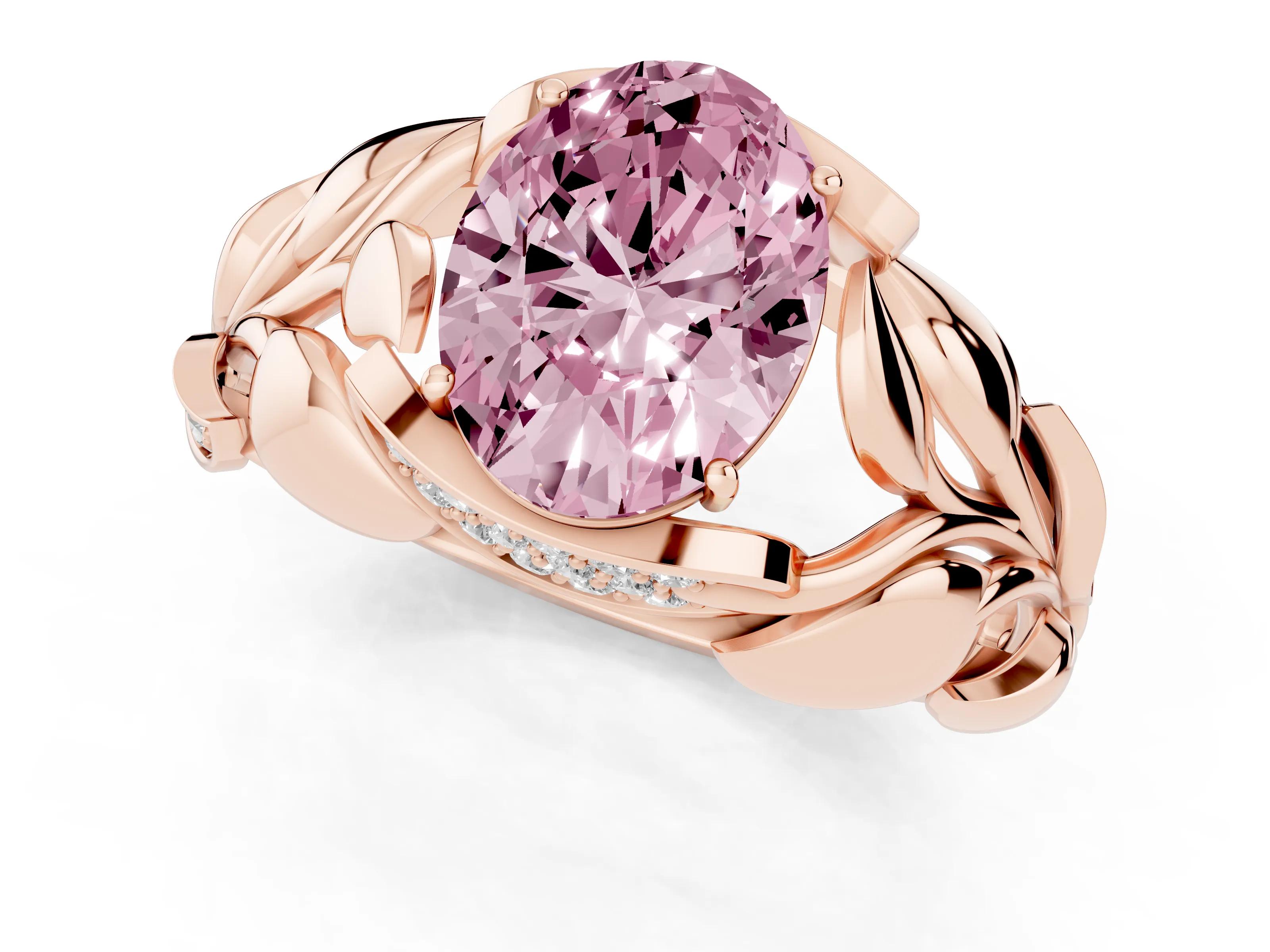 Fancy Pink Oval Cut Diamond Leaf-Inspired Engagement Ring Set in Rose gold with Round Accents