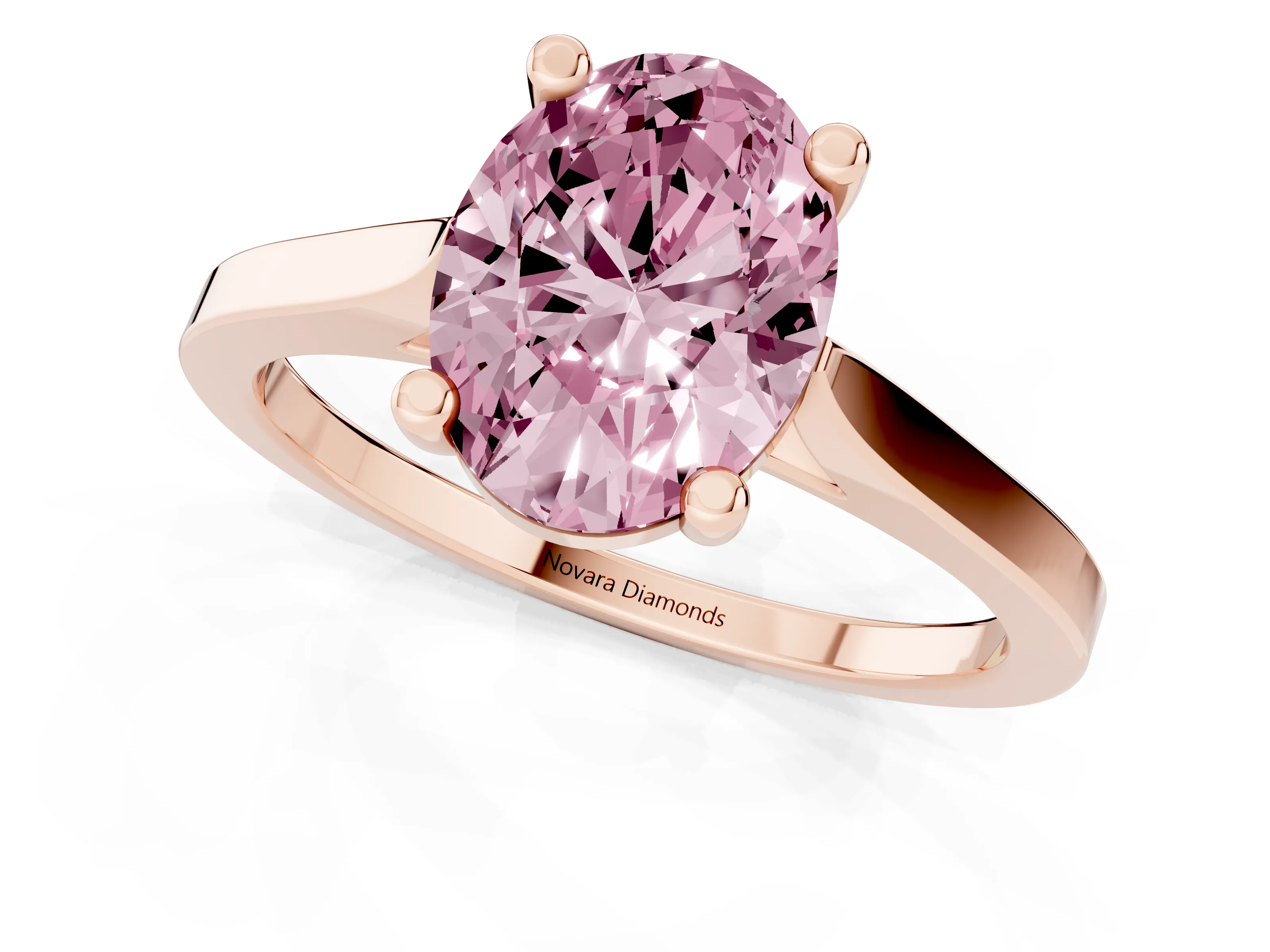 Fancy Pink Oval Cut Diamond Solitaire Ring Set in Rose gold with Prong Setting and Tapered Band