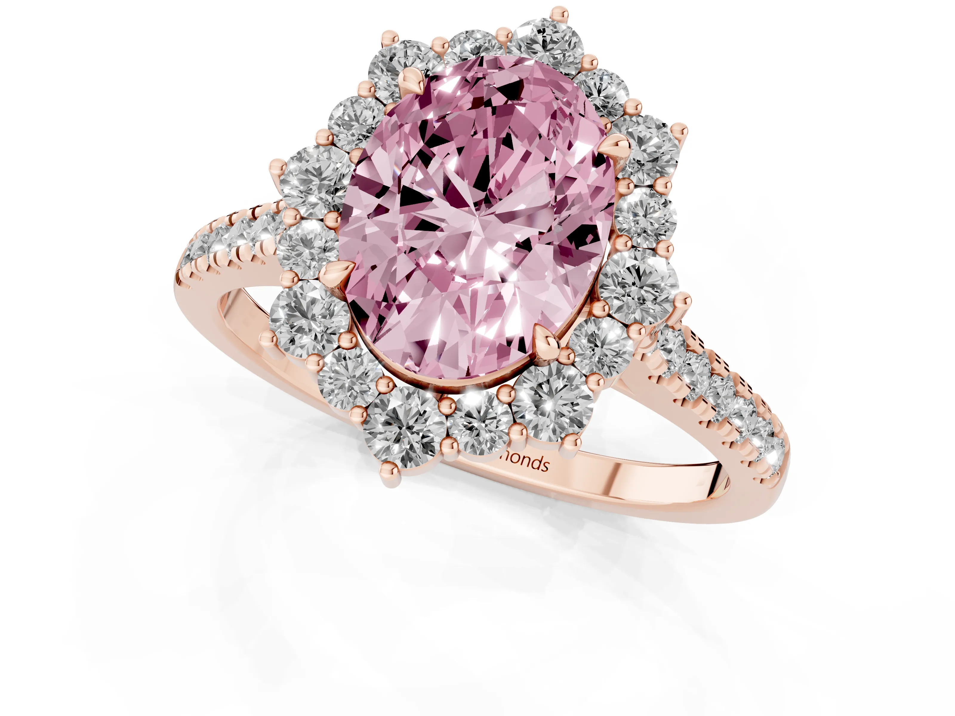 Fancy Pink Oval Cut Diamond Halo Ring Set in Rose gold with Pavé Band and Prong Setting