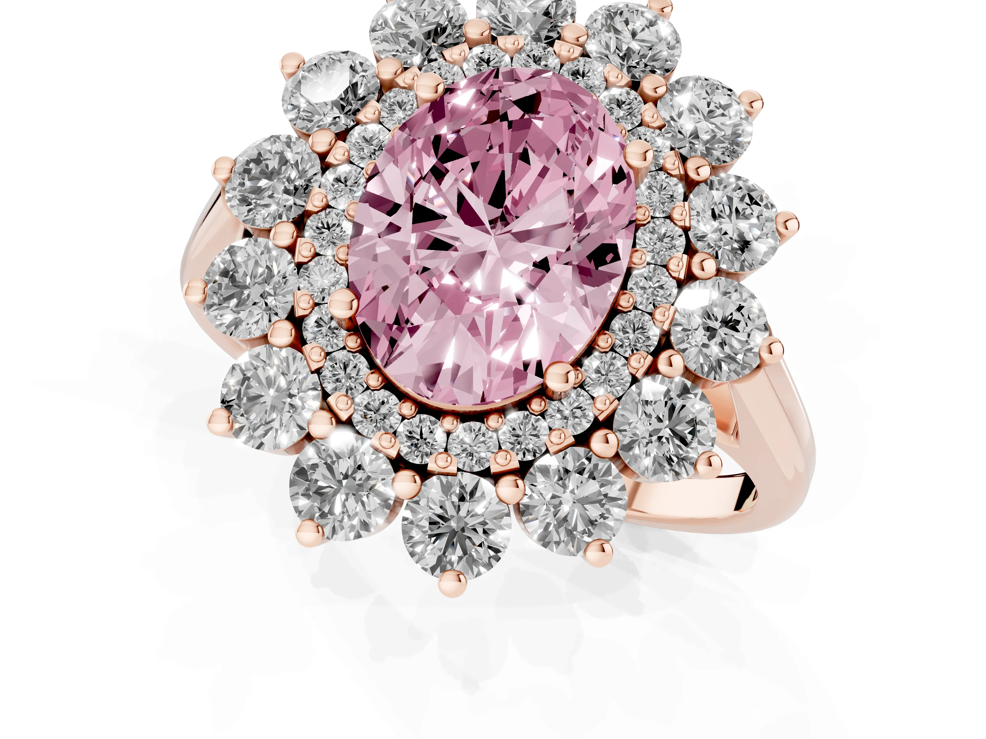 Fancy Pink Oval Cut Diamond Floral Double Halo Ring Set in Rose gold with Round Petals