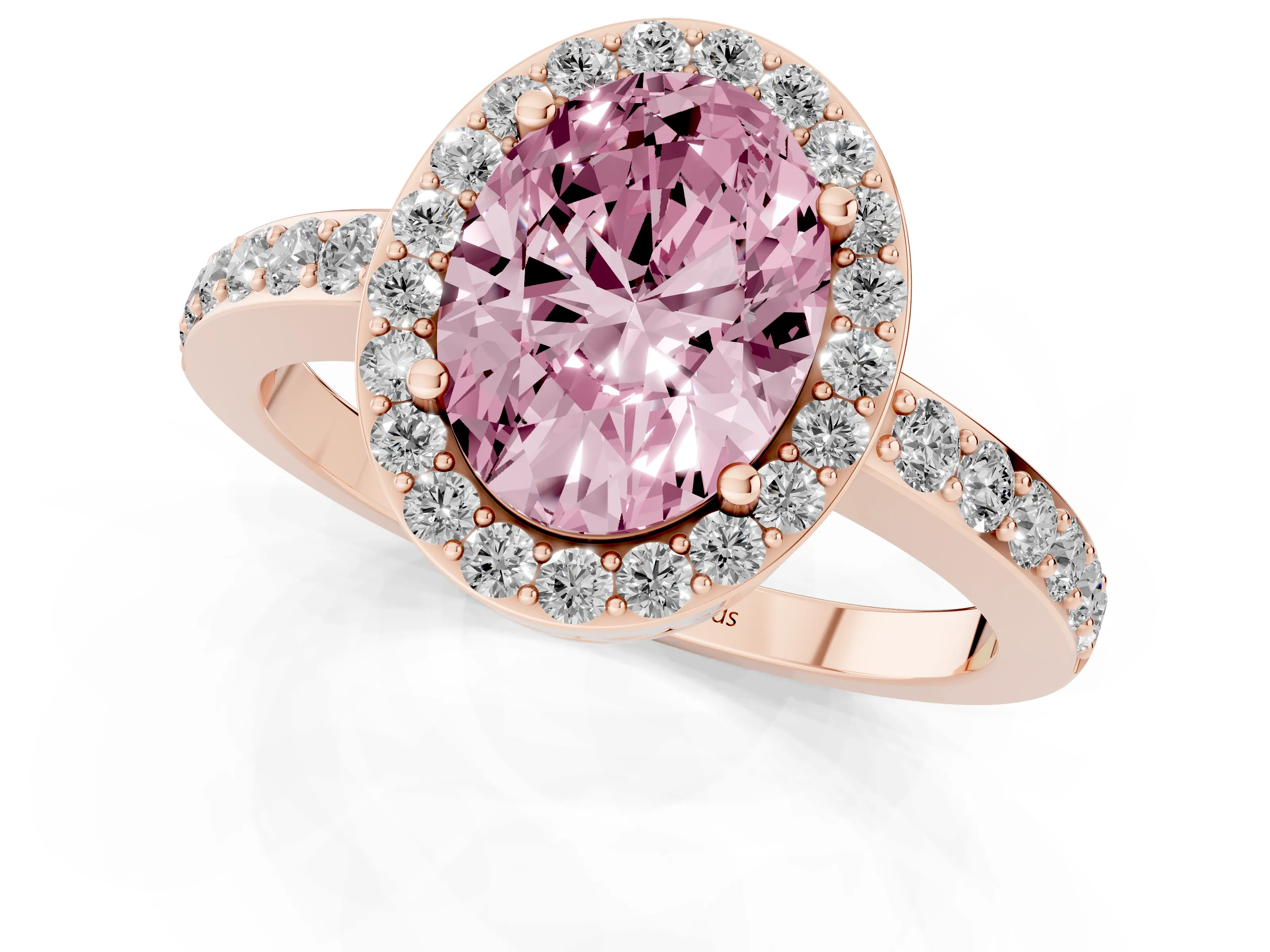 Fancy Pink Oval Cut Diamond Halo Ring Set in Rose gold with Pavé-Setting Band and Open Prong Center