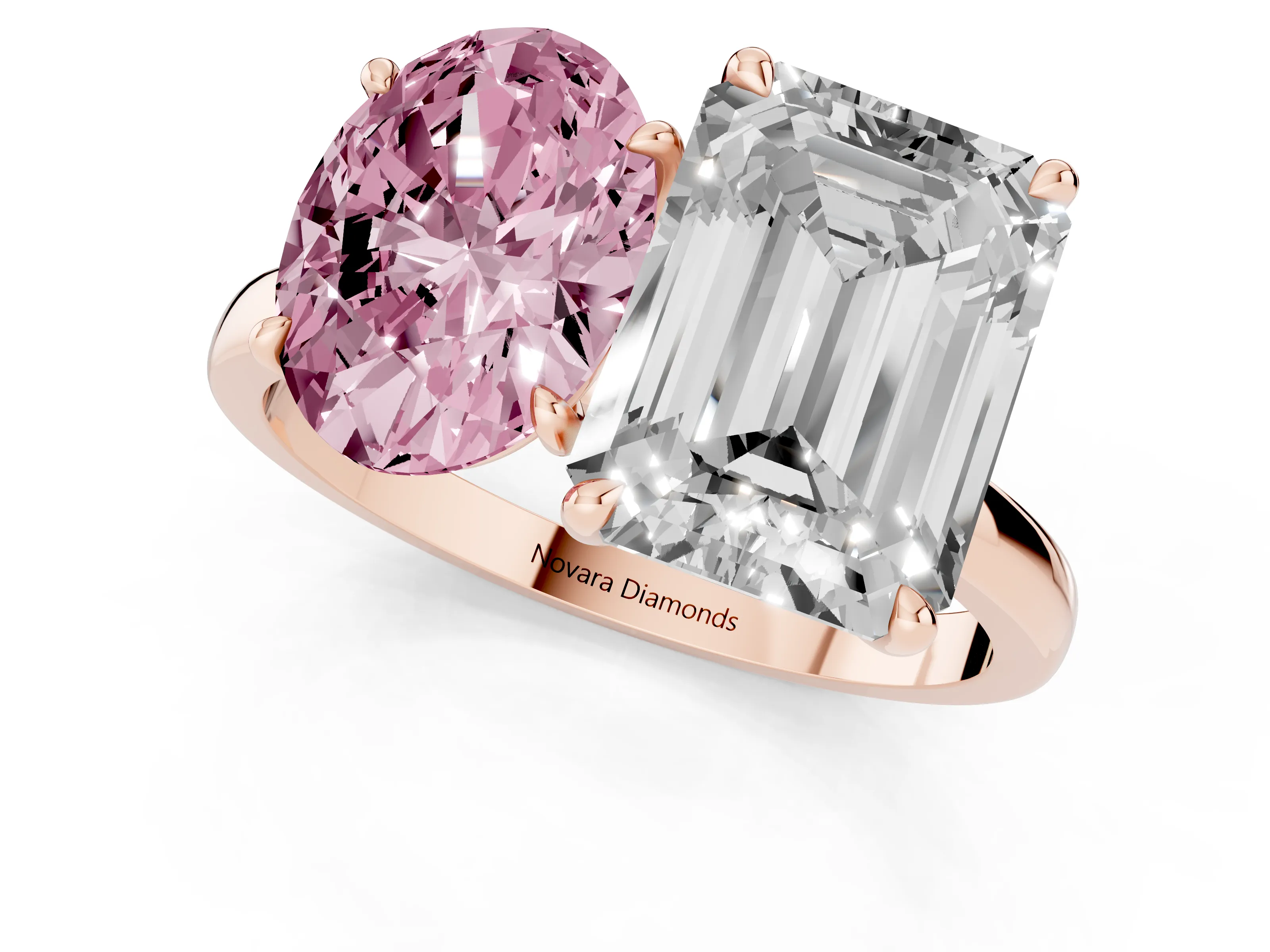 Fancy Pink Oval Cut and Emerald Cut Toi Moi Ring Set in Rose gold with Prong Setting
