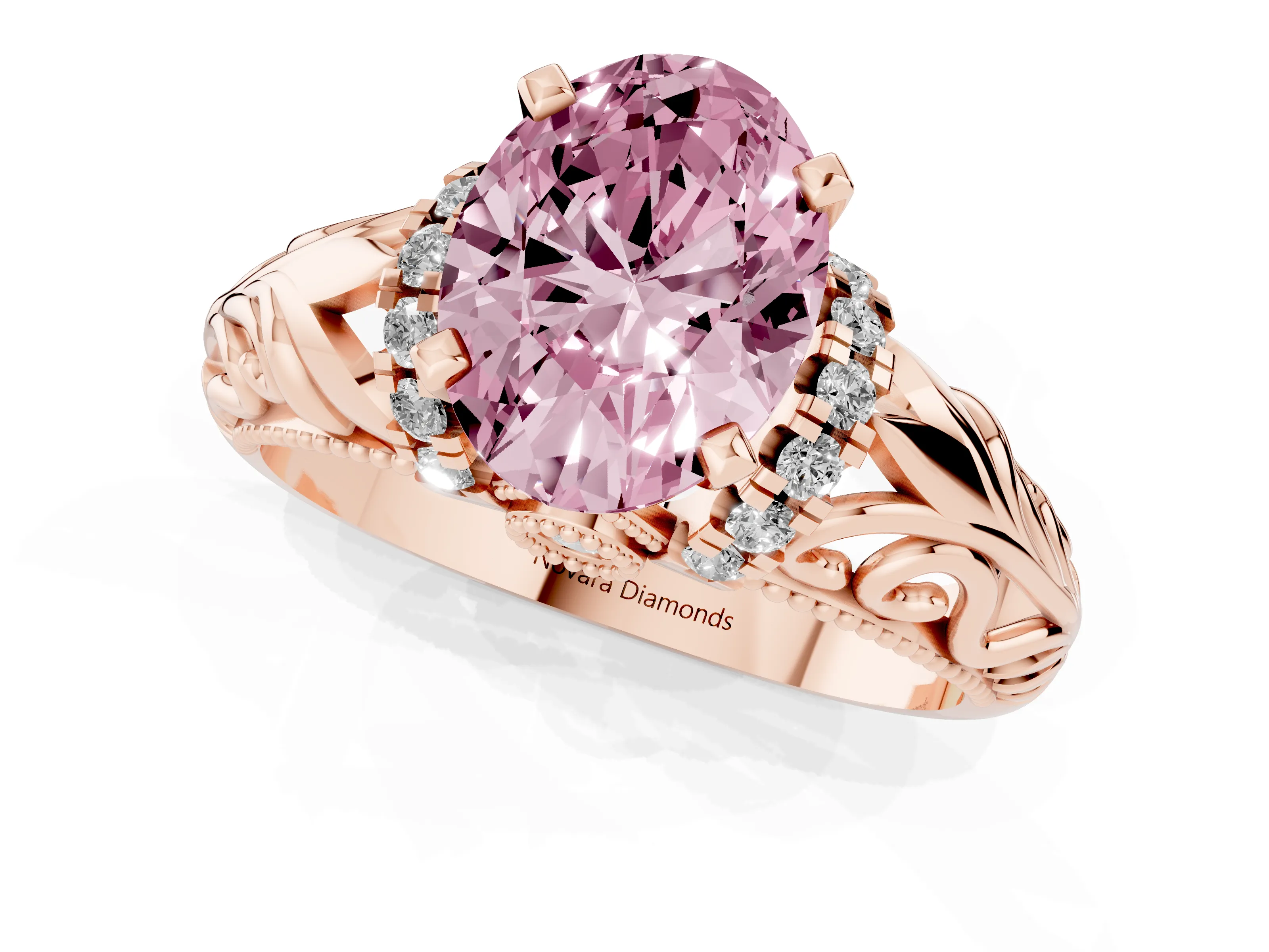 Fancy Pink Oval Cut Diamond Filigree Halo Engagement Ring Set in Rose gold with Prong Setting