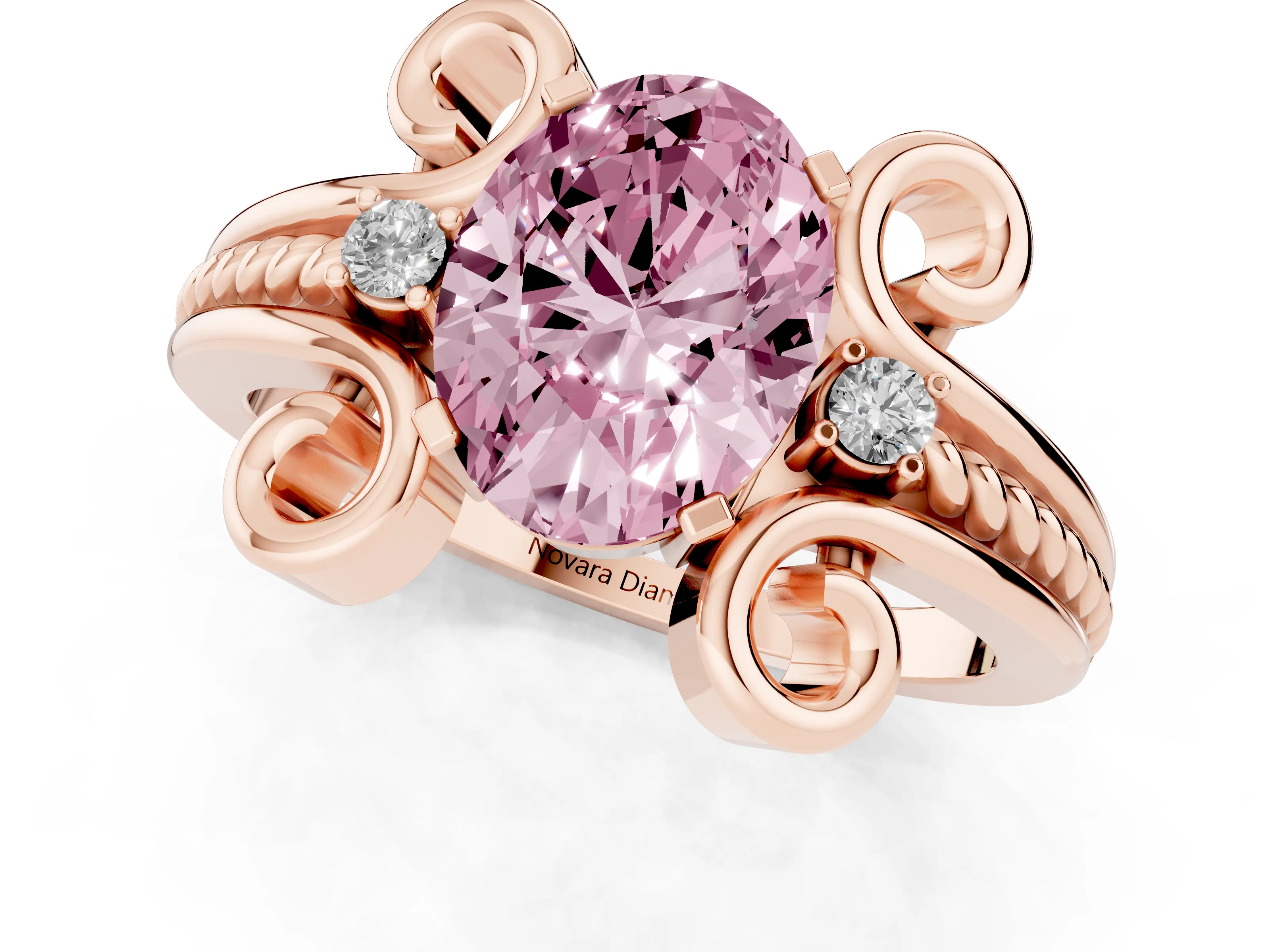 Fancy Pink Oval Cut Diamond Twisted Band Solitaire Ring Set in Rose gold with Scroll Prongs