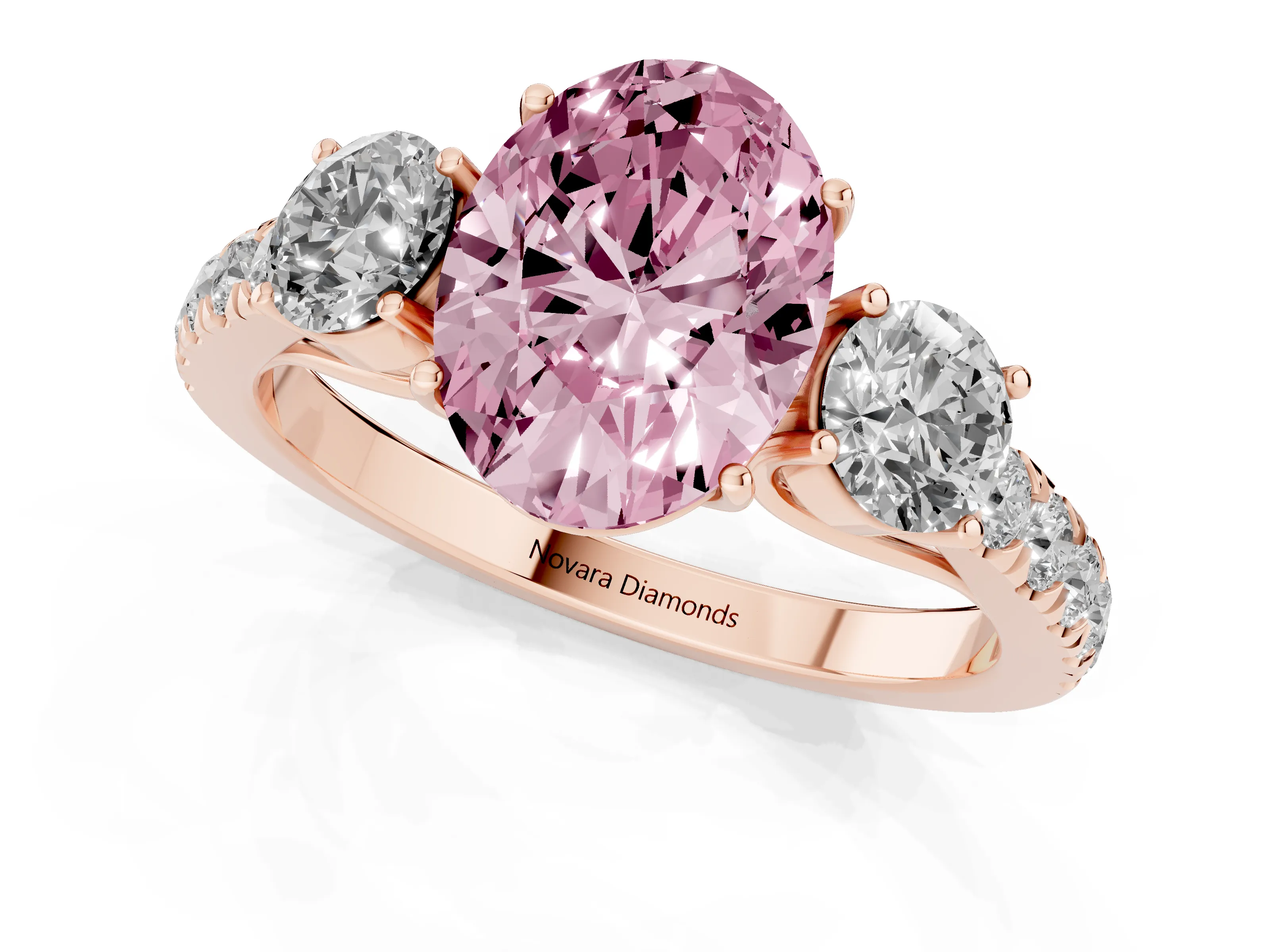 Fancy Pink Oval Cut Diamond Three-Stone Ring Set in Rose gold with Round Side Stones and Delicate Pavé Band