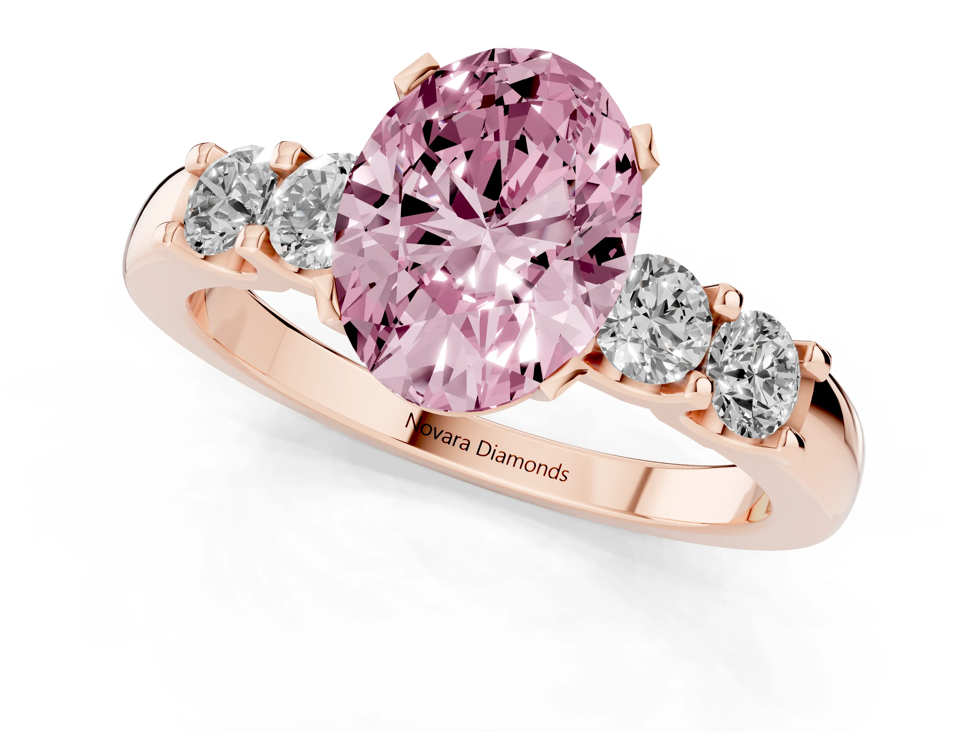 Fancy Pink Oval Cut Diamond Five-Stone Prong Set Engagement Ring Set in Rose gold with Channel Band