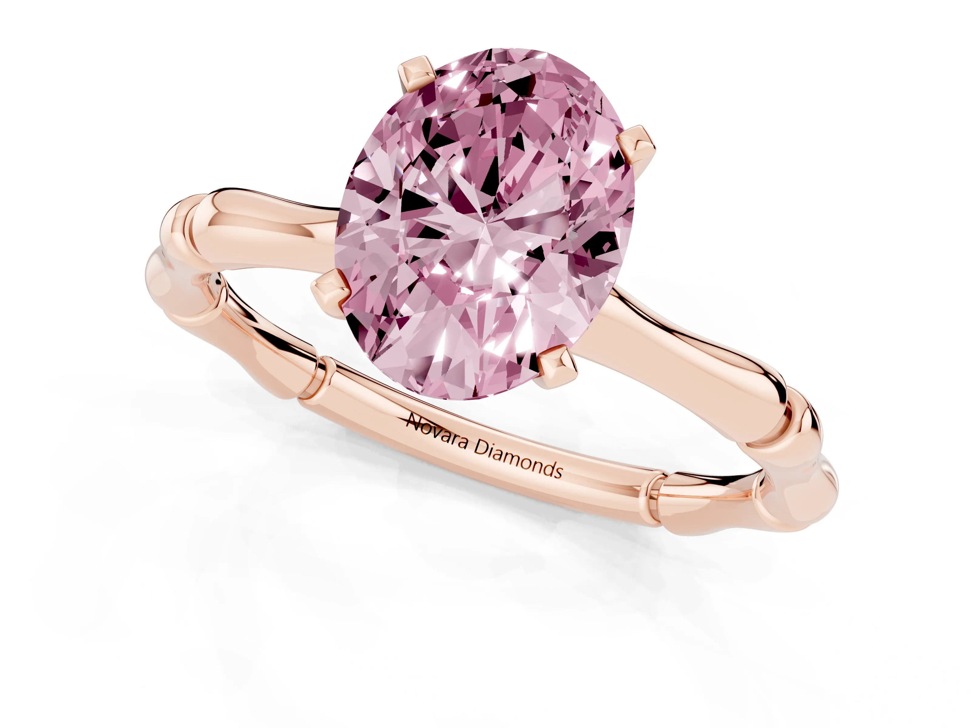 Fancy Pink Oval Cut Diamond Solitaire Ring Set in Rose gold with Bamboo Band and Prong Setting