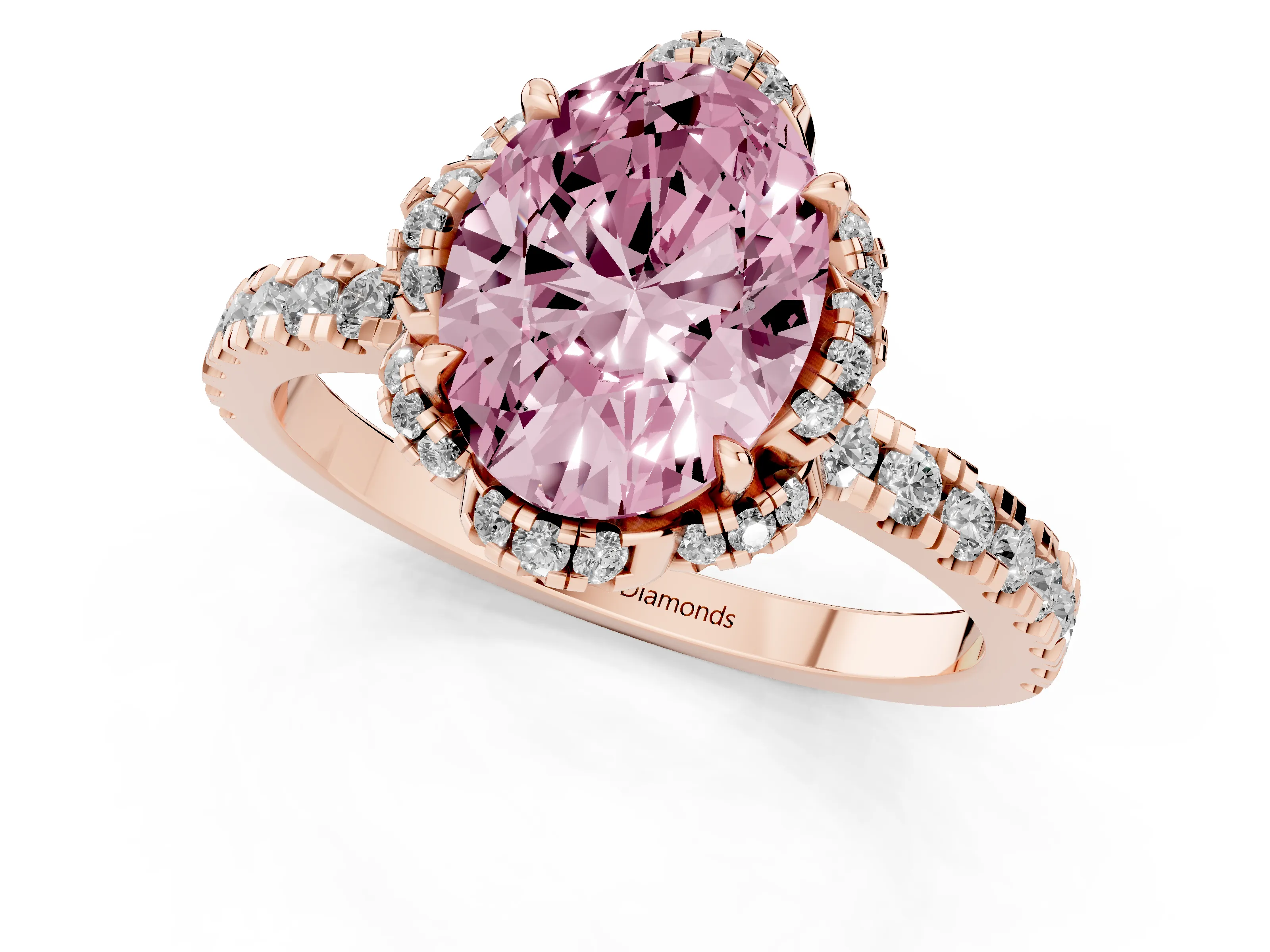 Fancy Pink Oval Cut Diamond Halo Pavé Band Ring Set in Rose gold with Prong-Held Center