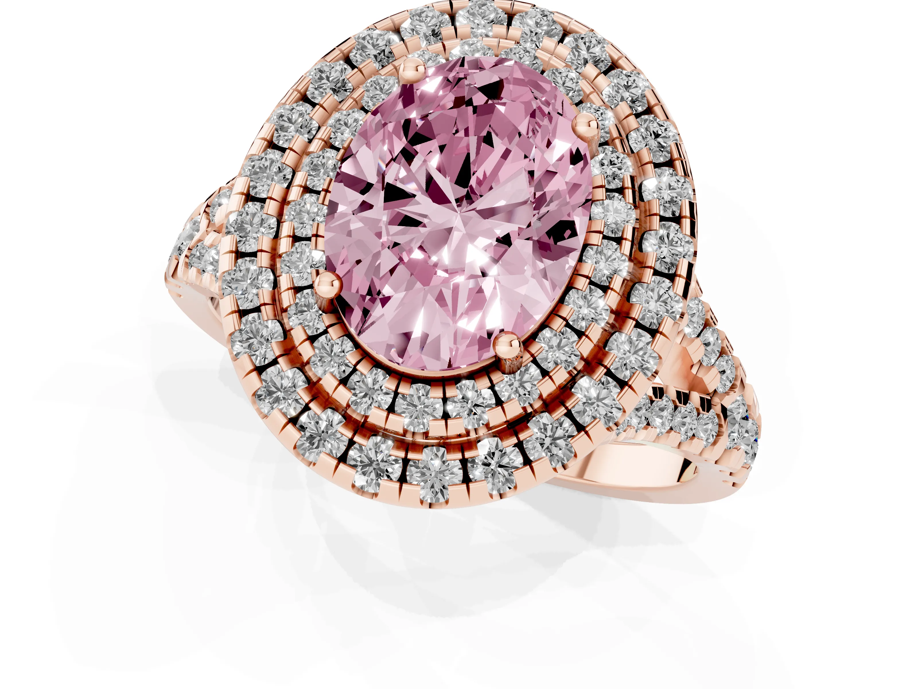 Fancy Pink Oval Cut Diamond Double Halo Ring Set in Rose gold with Pavé Split Shank and Prong Setting