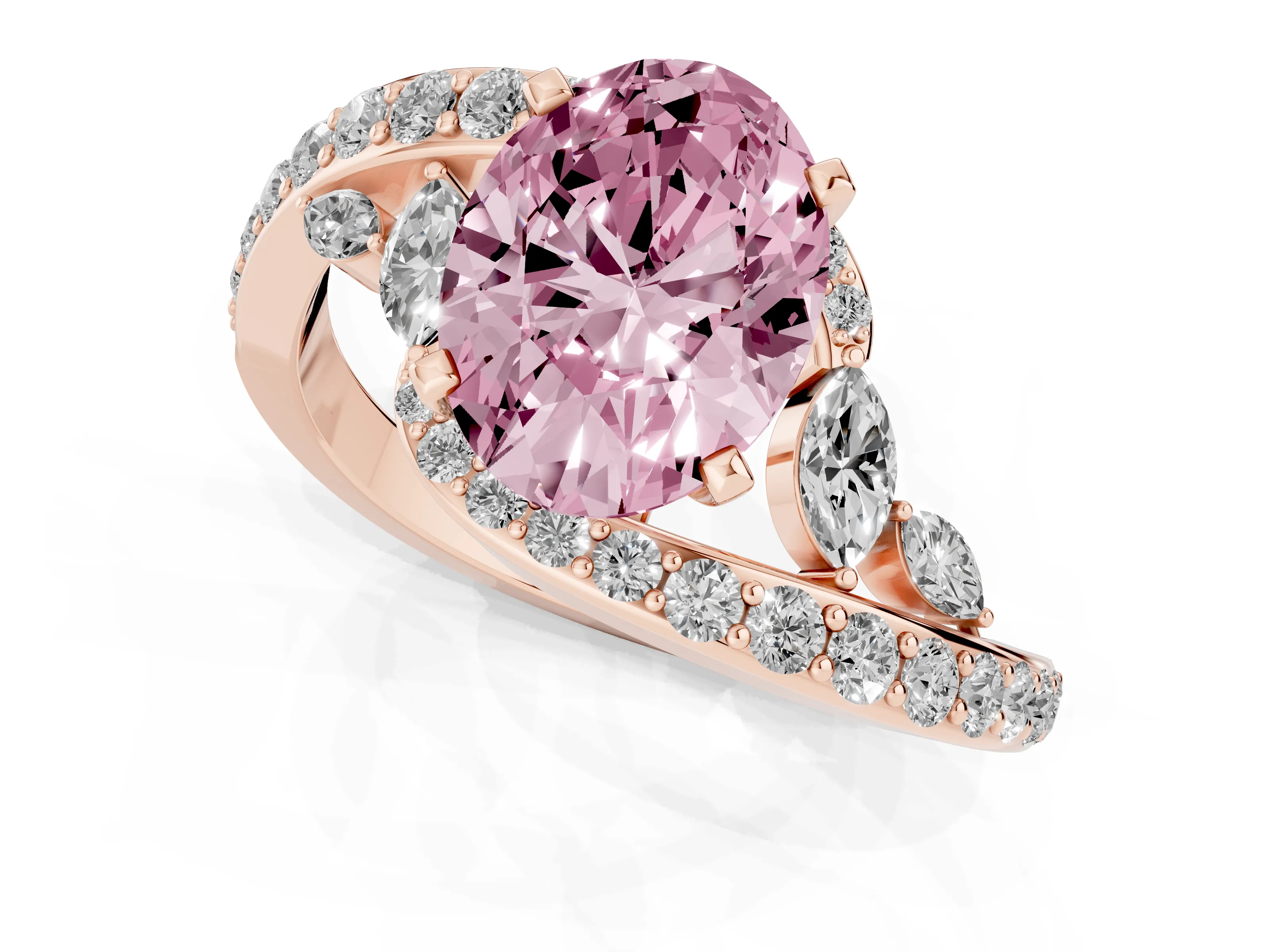 Fancy Pink Oval Cut Diamond Solitaire Ring Set in Rose gold with Pavé Twist Band and Secure Prong Setting