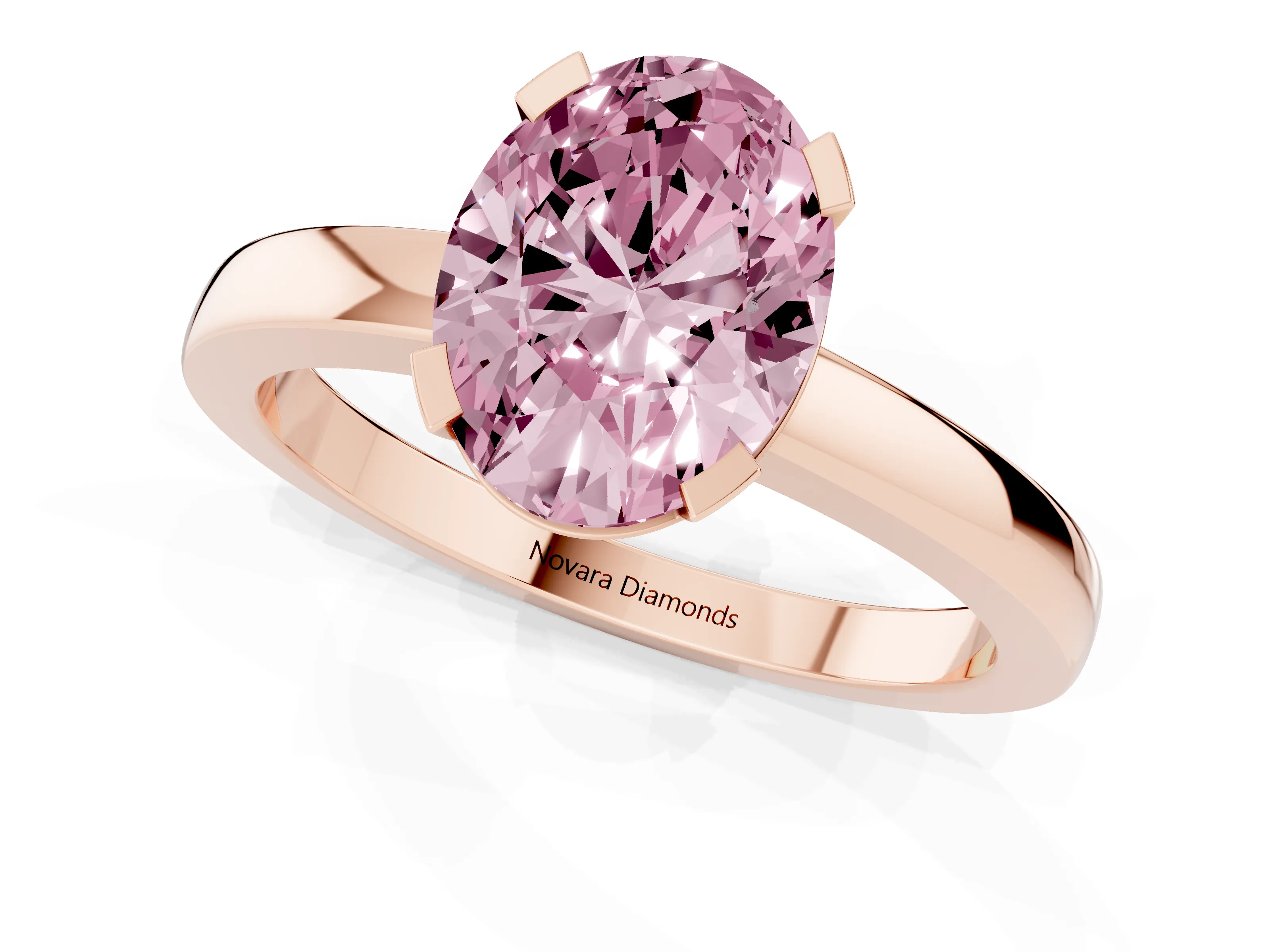 Fancy Pink Oval Cut Diamond Solitaire Ring Set in Rose gold with Prong Head and Smooth Polished Band