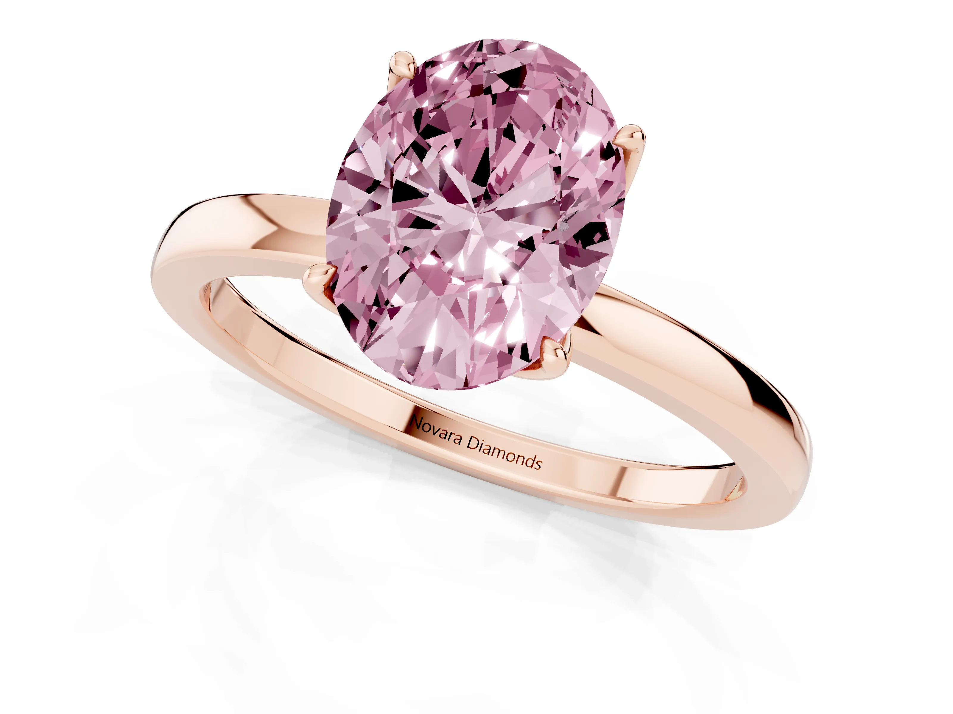 Fancy Pink Oval Cut Diamond Solitaire Ring Set in Rose gold with Prong Setting and Thin Polished Band
