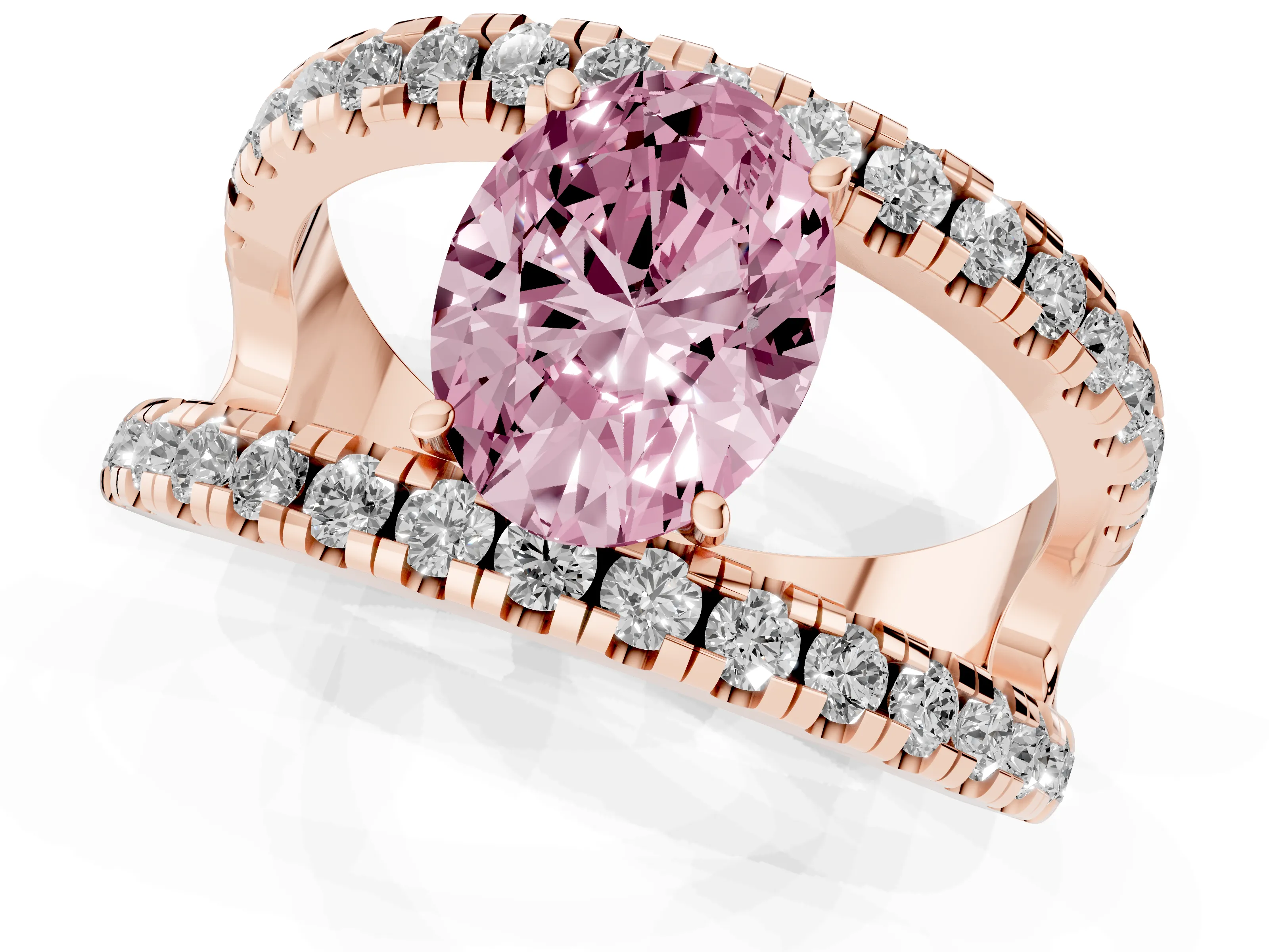 Fancy Pink Oval Cut Diamond Split Shank Pavé Solitaire Ring Set in Rose gold with Open Shank Design