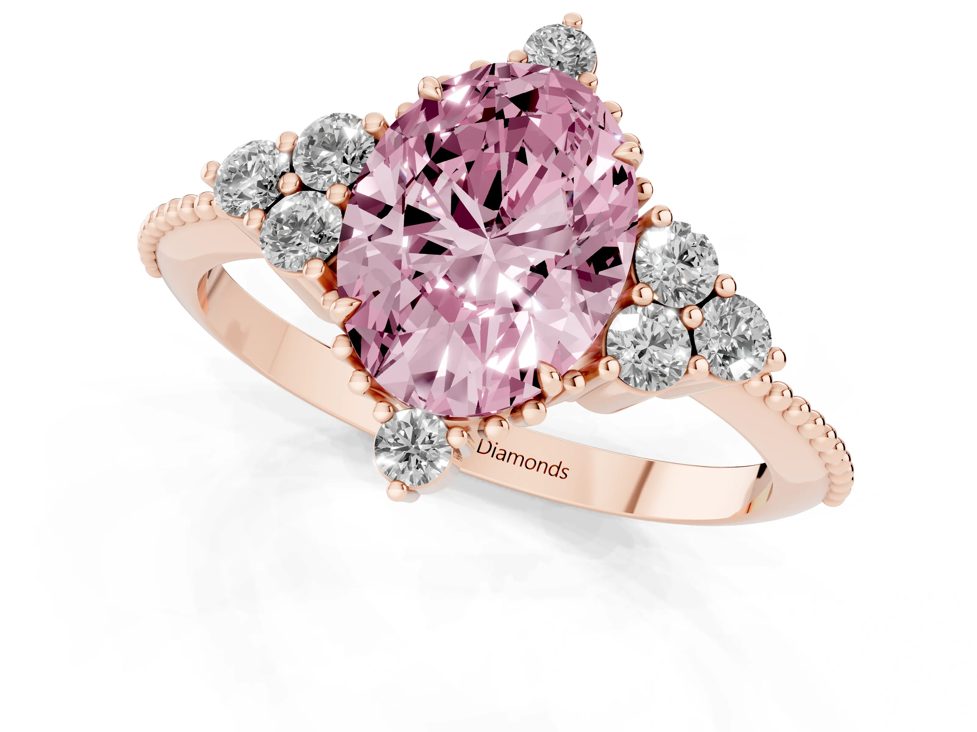 Fancy Pink Oval Cut Diamond Cluster Ring Set in Rose gold with Beaded Band