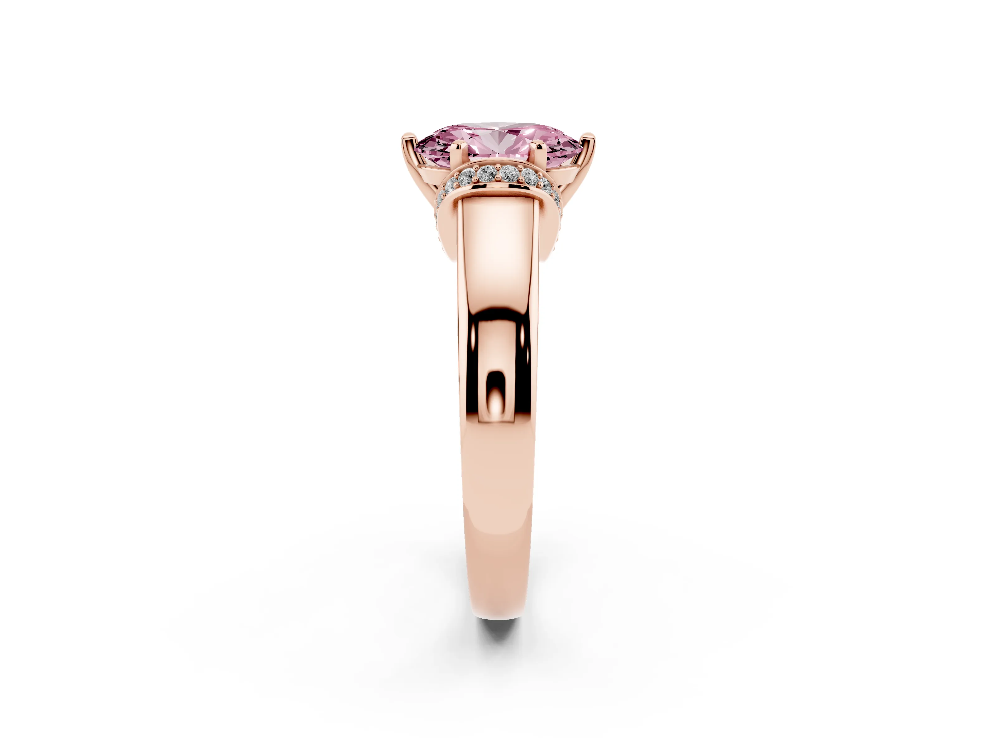 Fancy Pink Oval Cut Diamond Pavé Band Solitaire Ring Set in Rose gold with Prong Setting