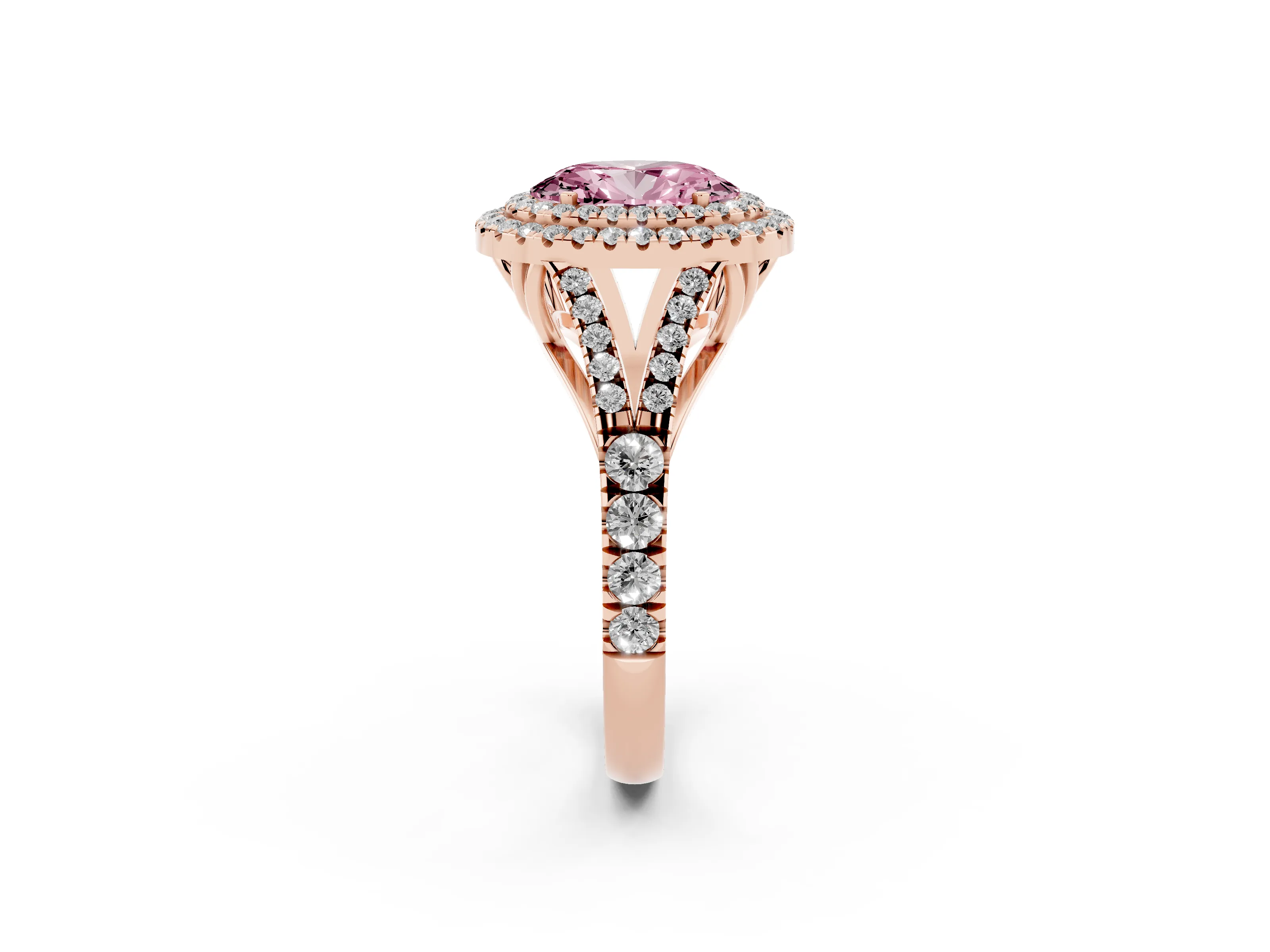 Fancy Pink Oval Cut Diamond Pavé Split Shank Double Halo Engagement Ring Set in Rose gold