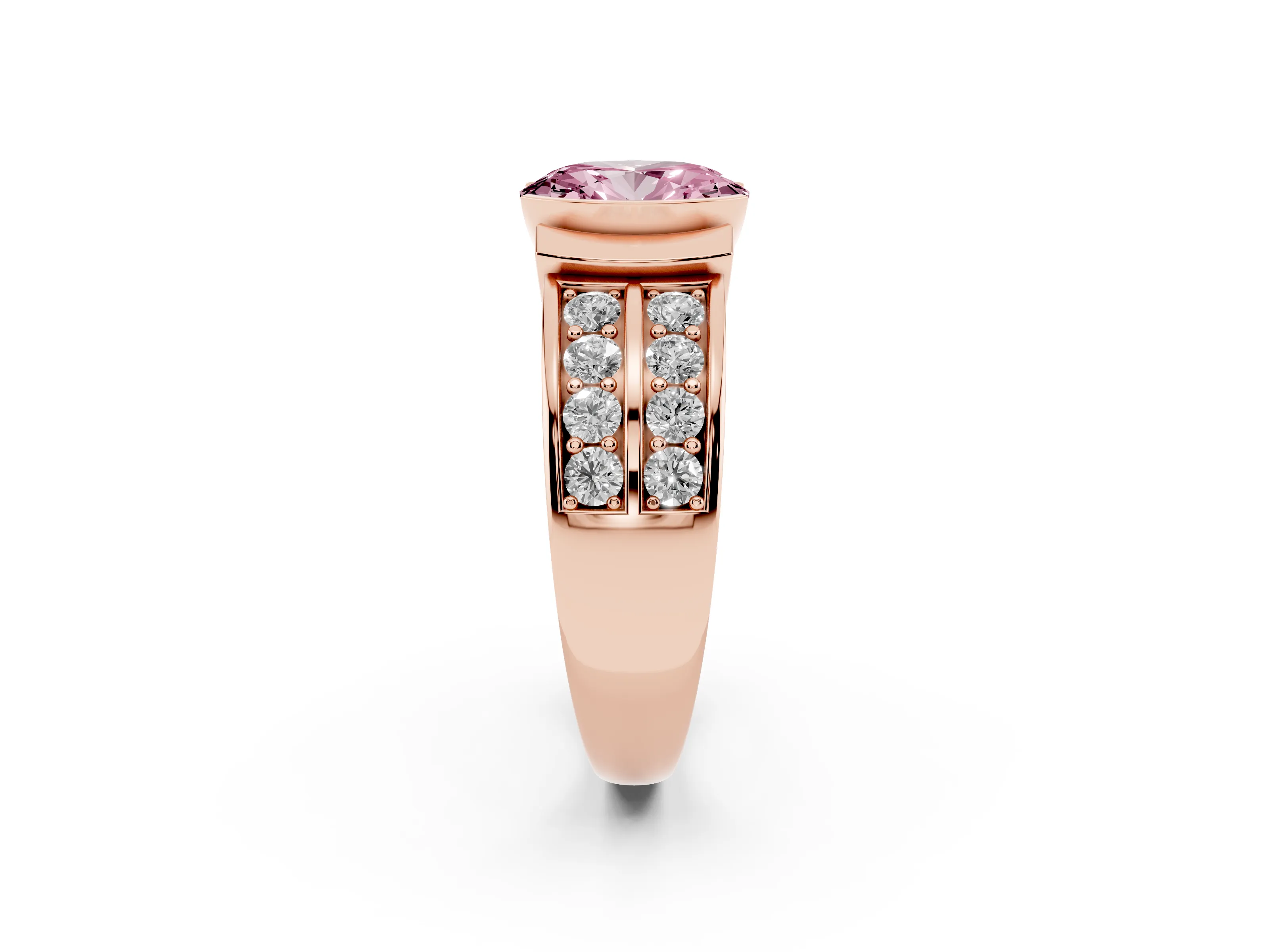 Fancy Pink Oval Cut Diamond Wide Channel Set Band Ring Set in Rose gold with Bezel Setting