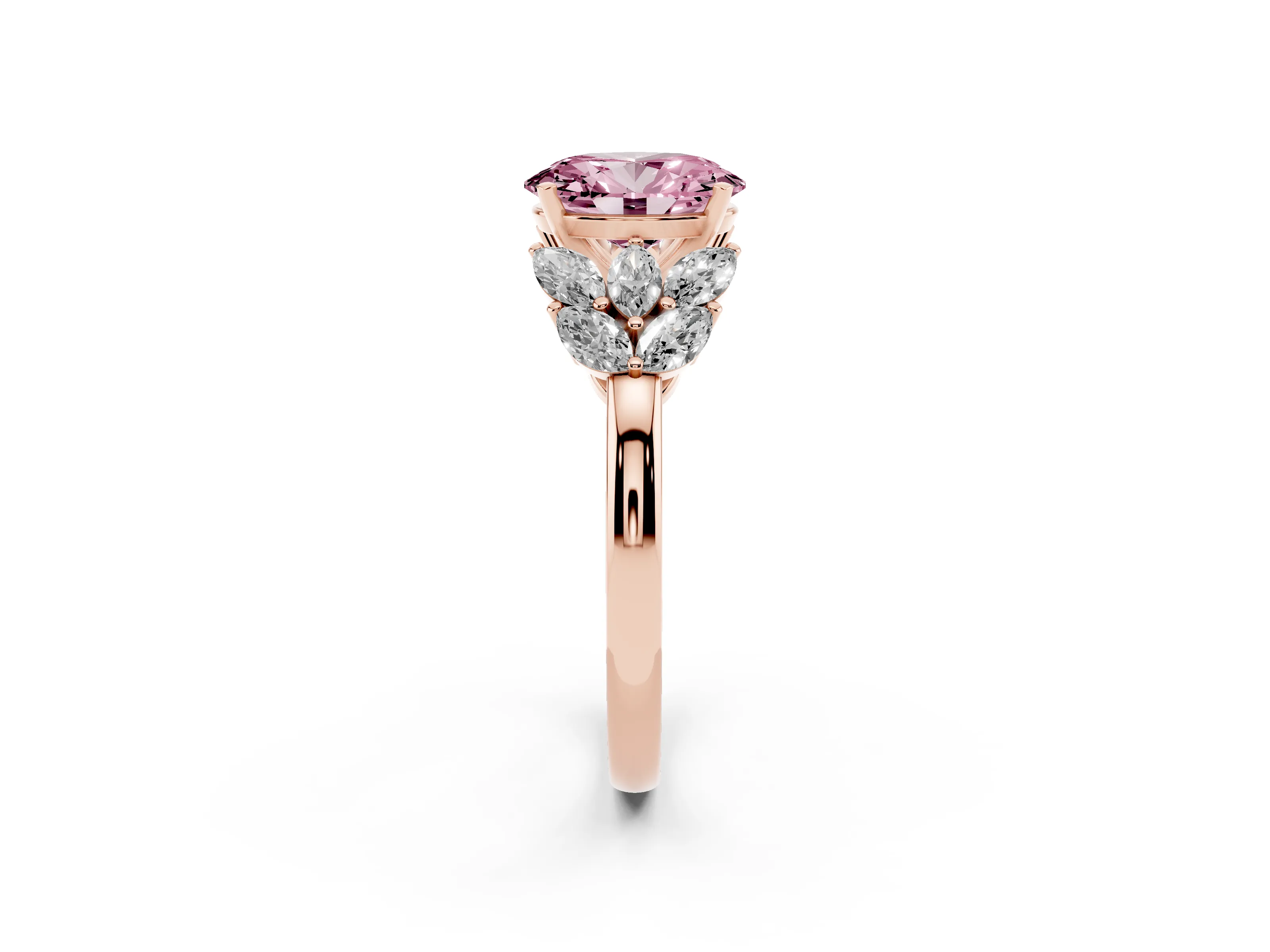 Fancy Pink Oval Cut Diamond Cluster Leaf Design Ring Set in Rose gold with Prong Setting
