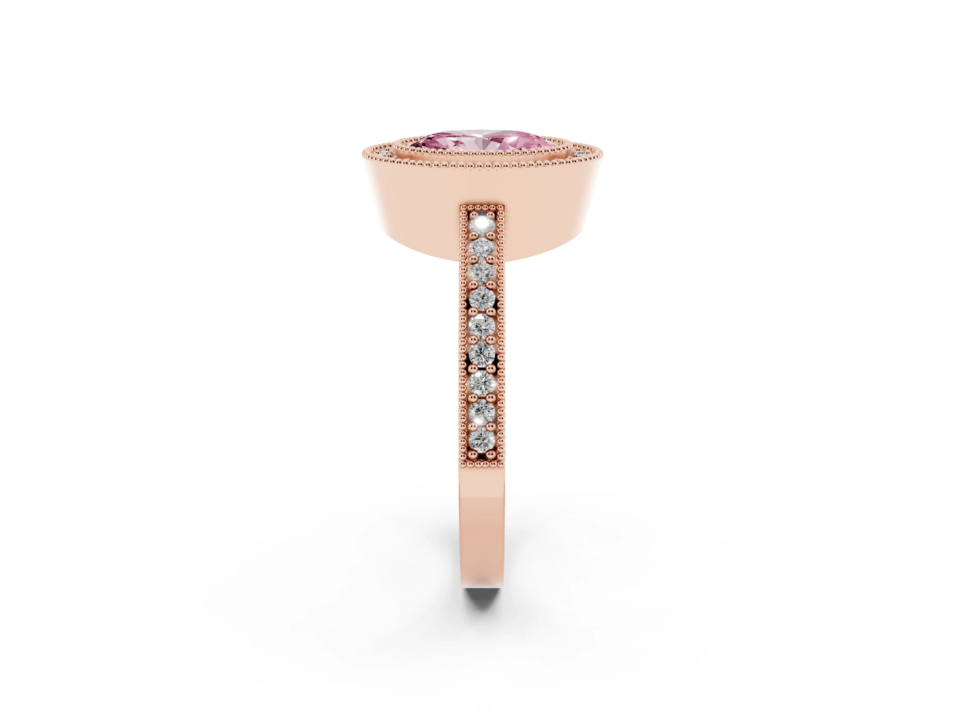 Fancy Pink Oval Cut Diamond Halo Engagement Ring Set in Rose gold with Pavé Band and Round Halo Stones