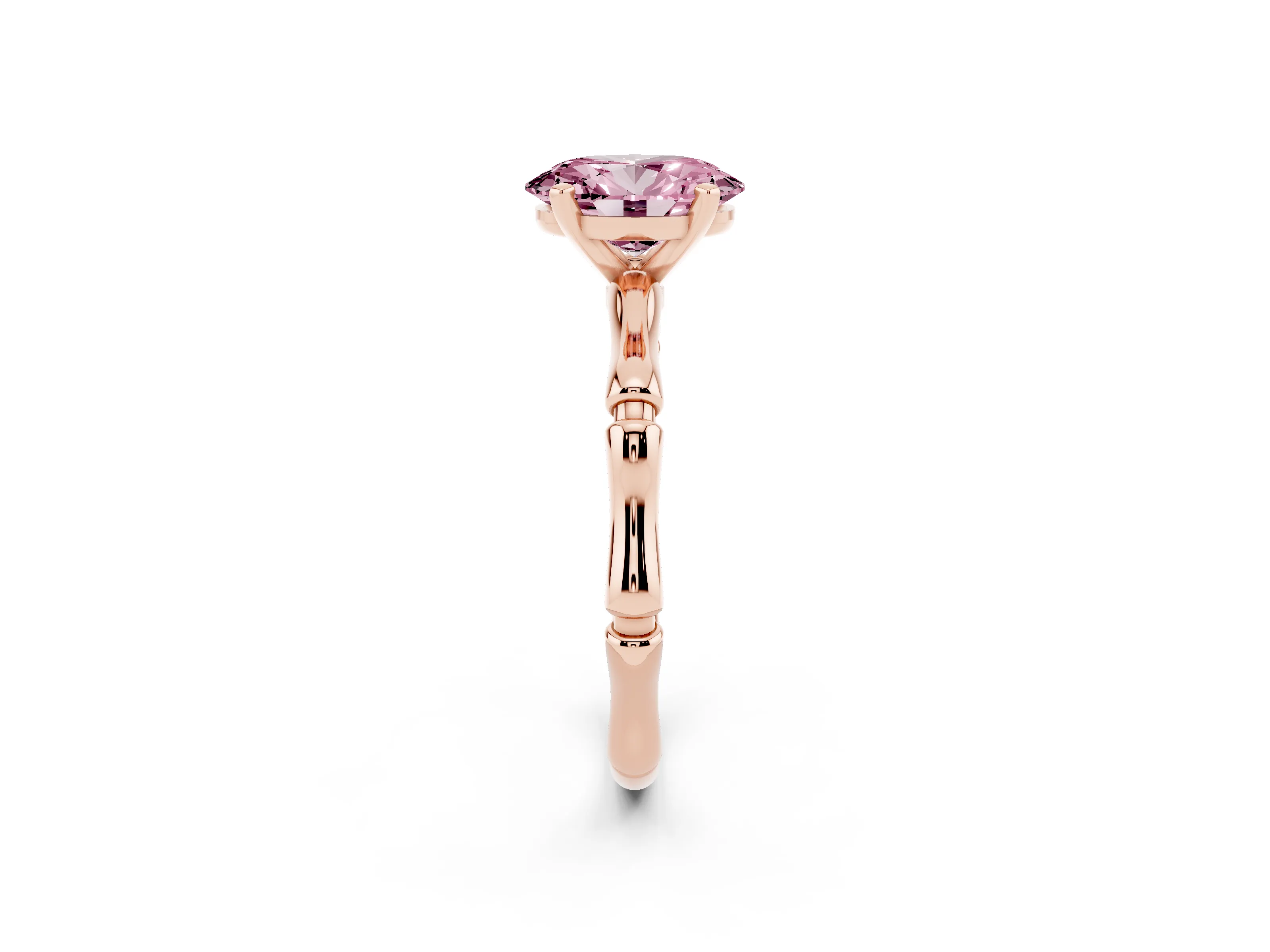 Fancy Pink Oval Cut Diamond Solitaire Ring Set in Rose gold with Bamboo Band and Prong Setting
