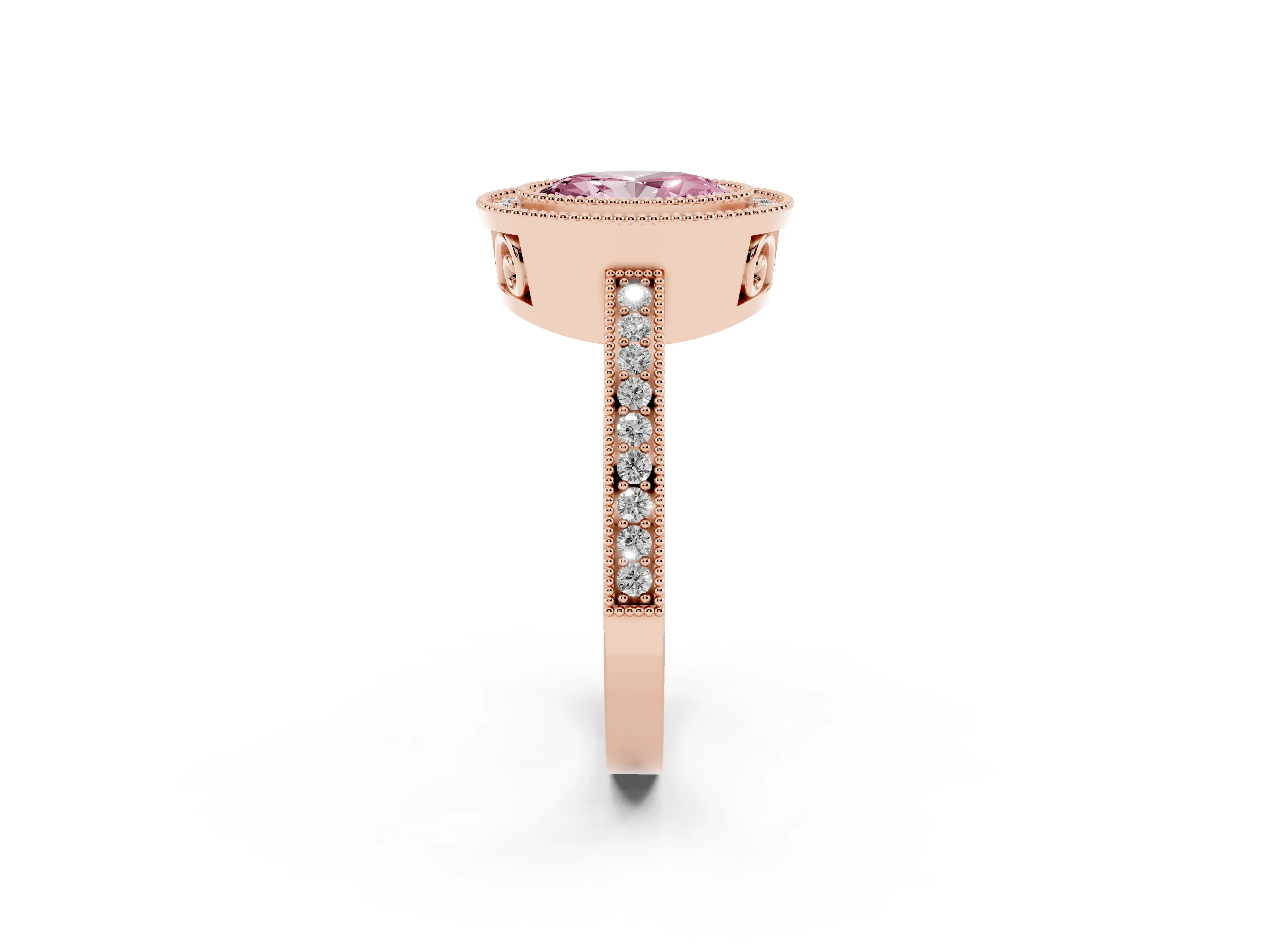 Fancy Pink Oval Cut Diamond Round Halo Ring Set in Rose gold with Pavé Band