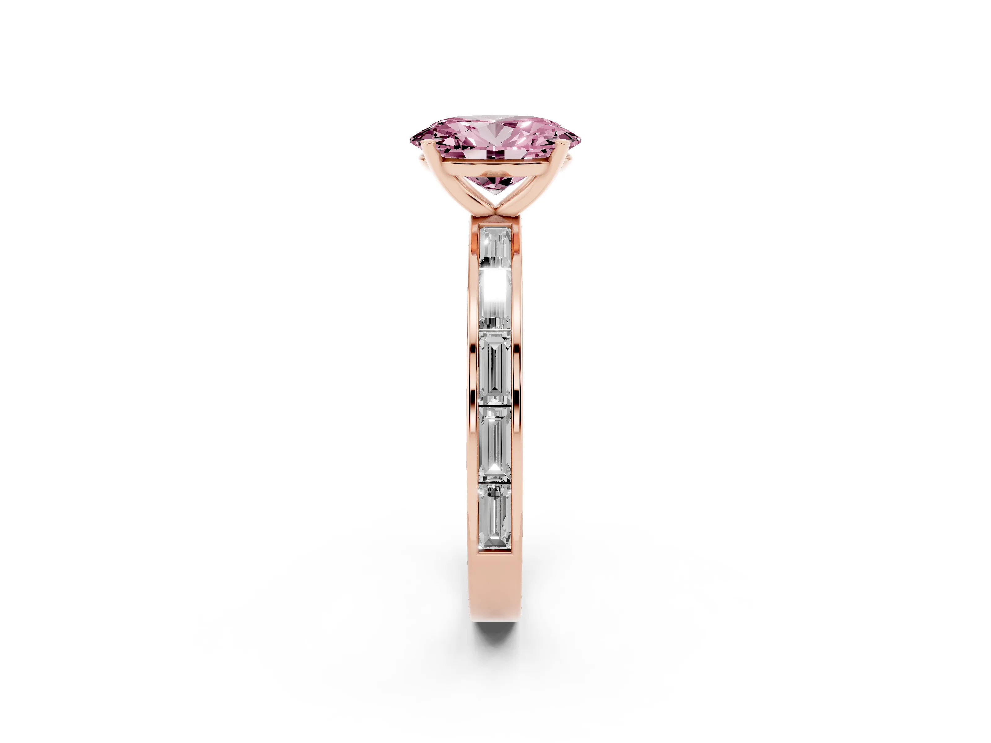 Fancy Pink Oval Cut Diamond Solitaire Ring Set in Rose gold with Channel-Set Baguette Band and Prong Setting