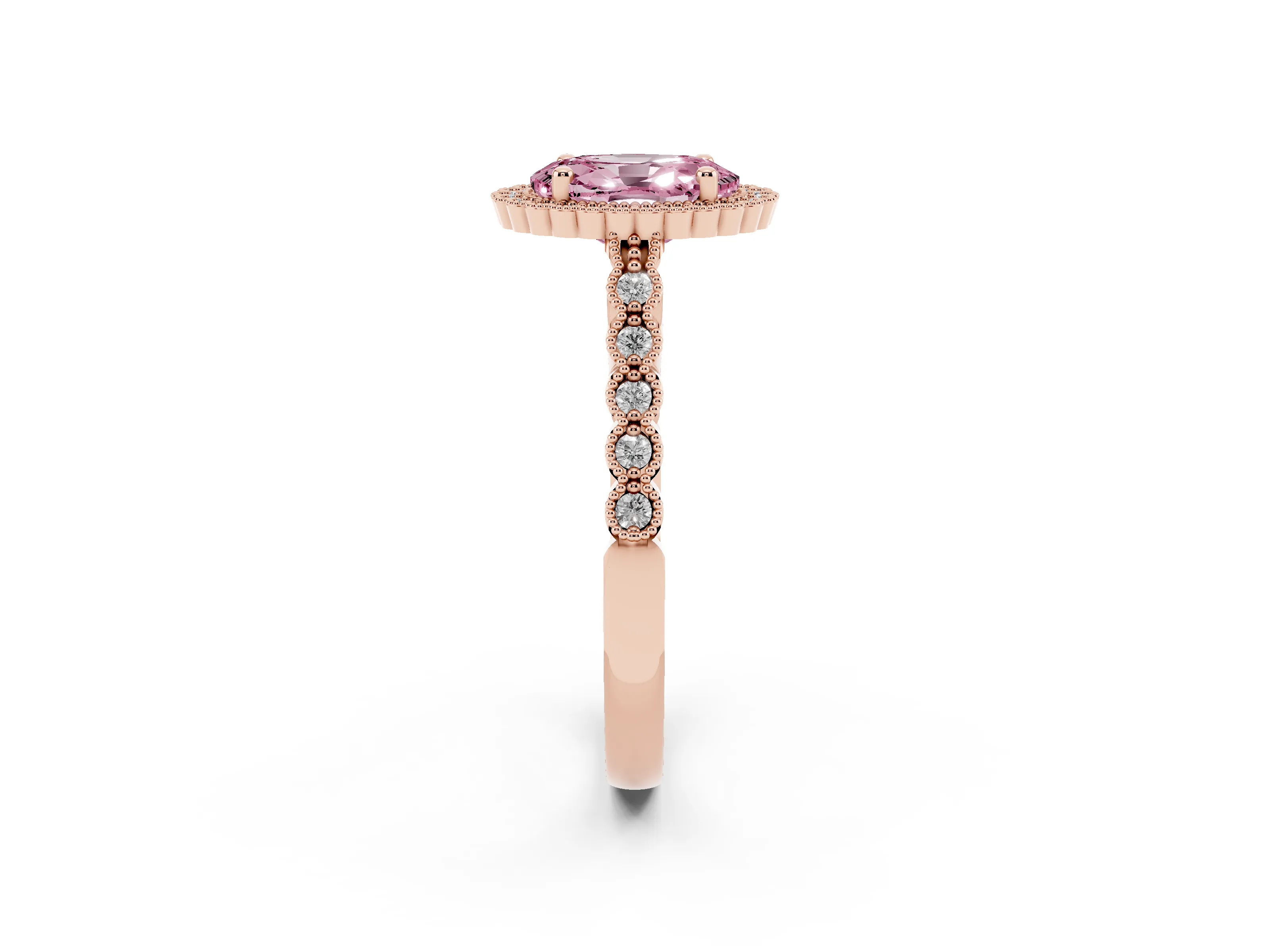 Fancy Pink Oval Cut Diamond Halo Ring Set in Rose gold with Pavé Milgrain Band