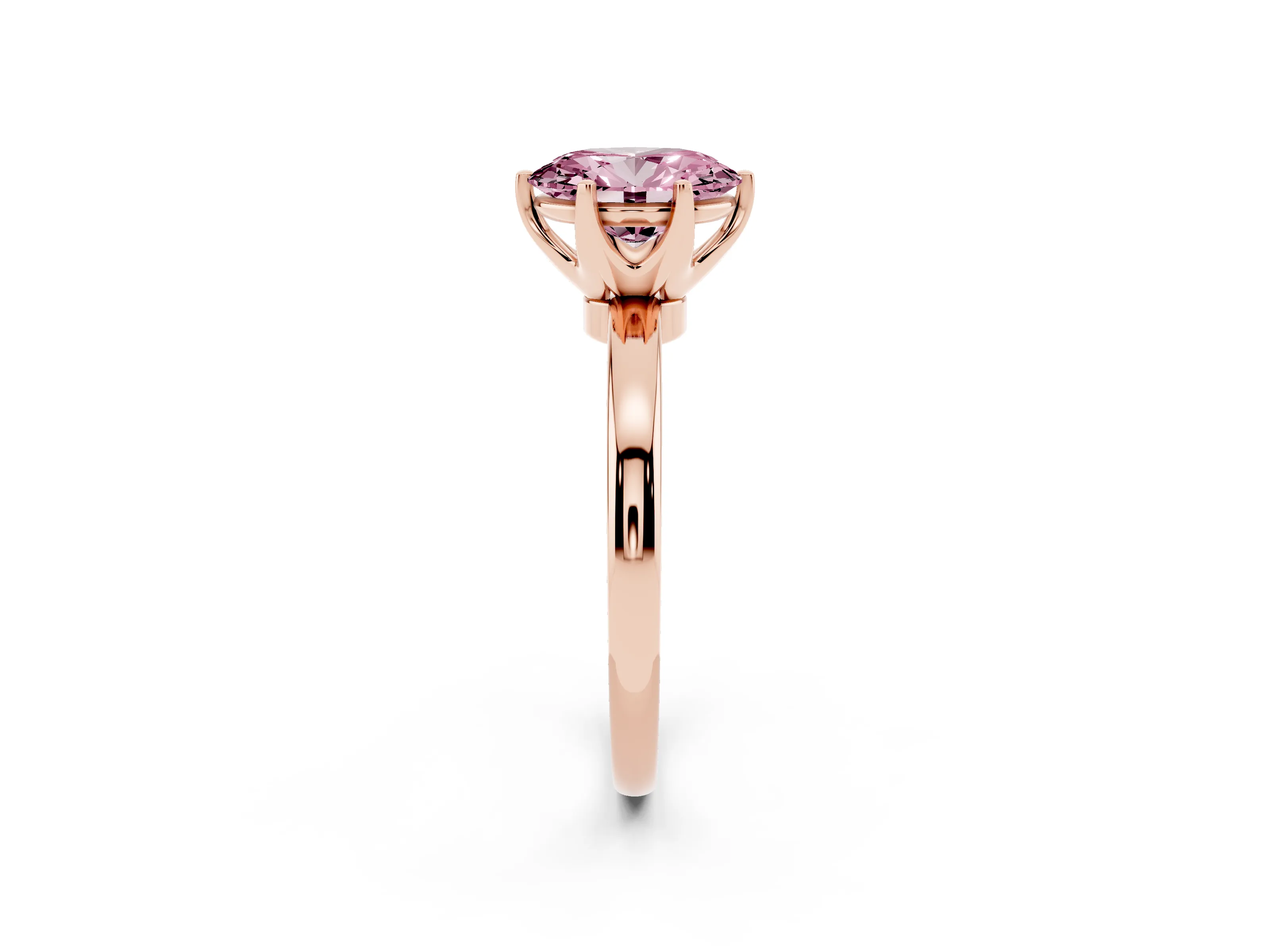 Fancy Pink Oval Cut Diamond Solitaire Ring Set in Rose gold with Raised Prong Setting on a Classic Band