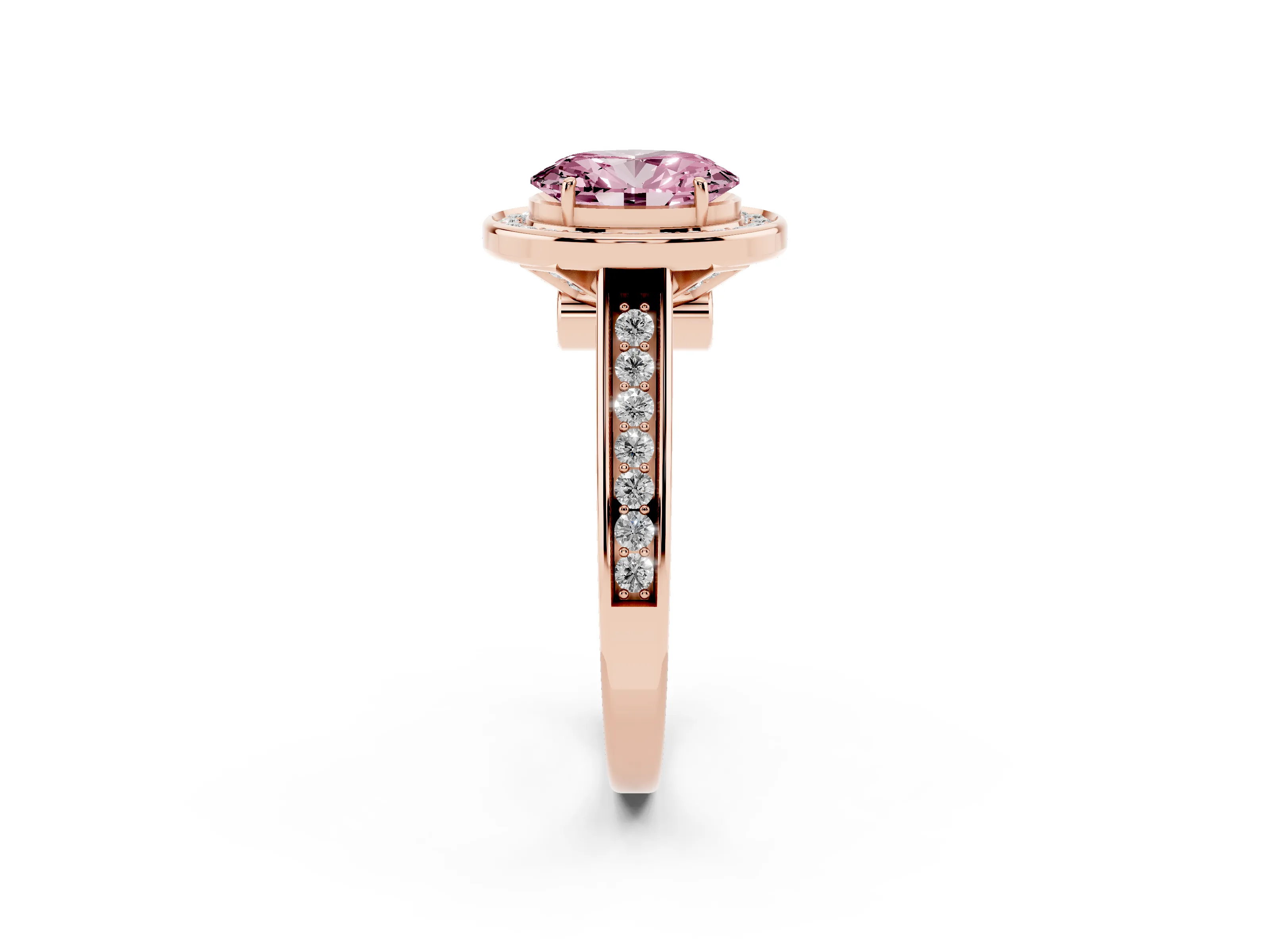 Fancy Pink Oval Cut Diamond Halo Solitaire Ring Set in Rose gold with Pavé Band and Bezel Setting