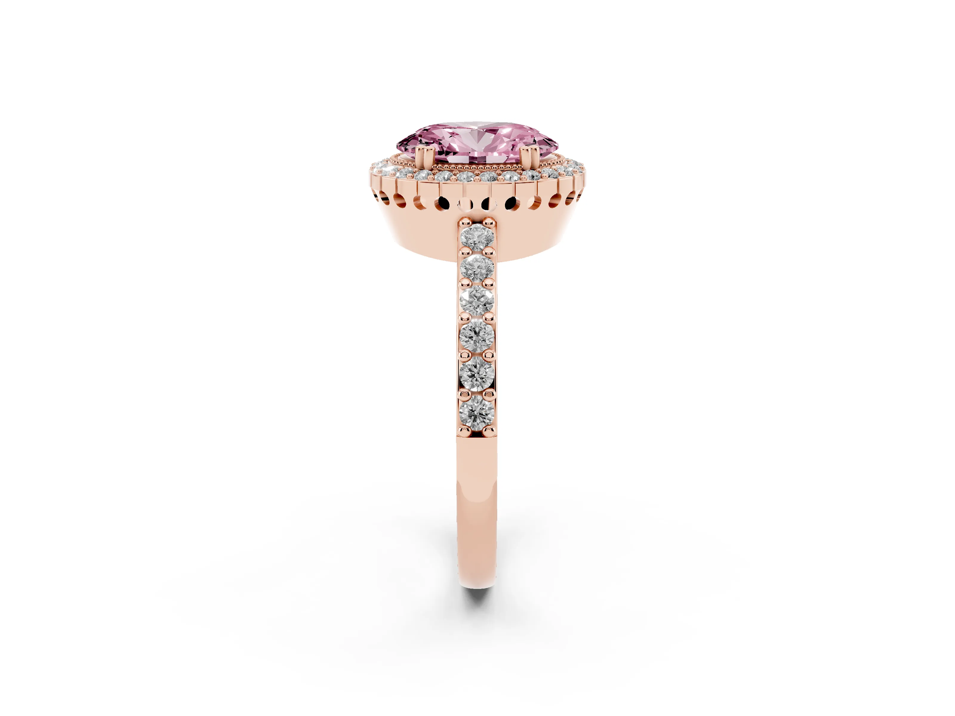 Fancy Pink Oval Cut Diamond Halo Engagement Ring Set in Rose gold with Milgrain Detail and Pavé Band