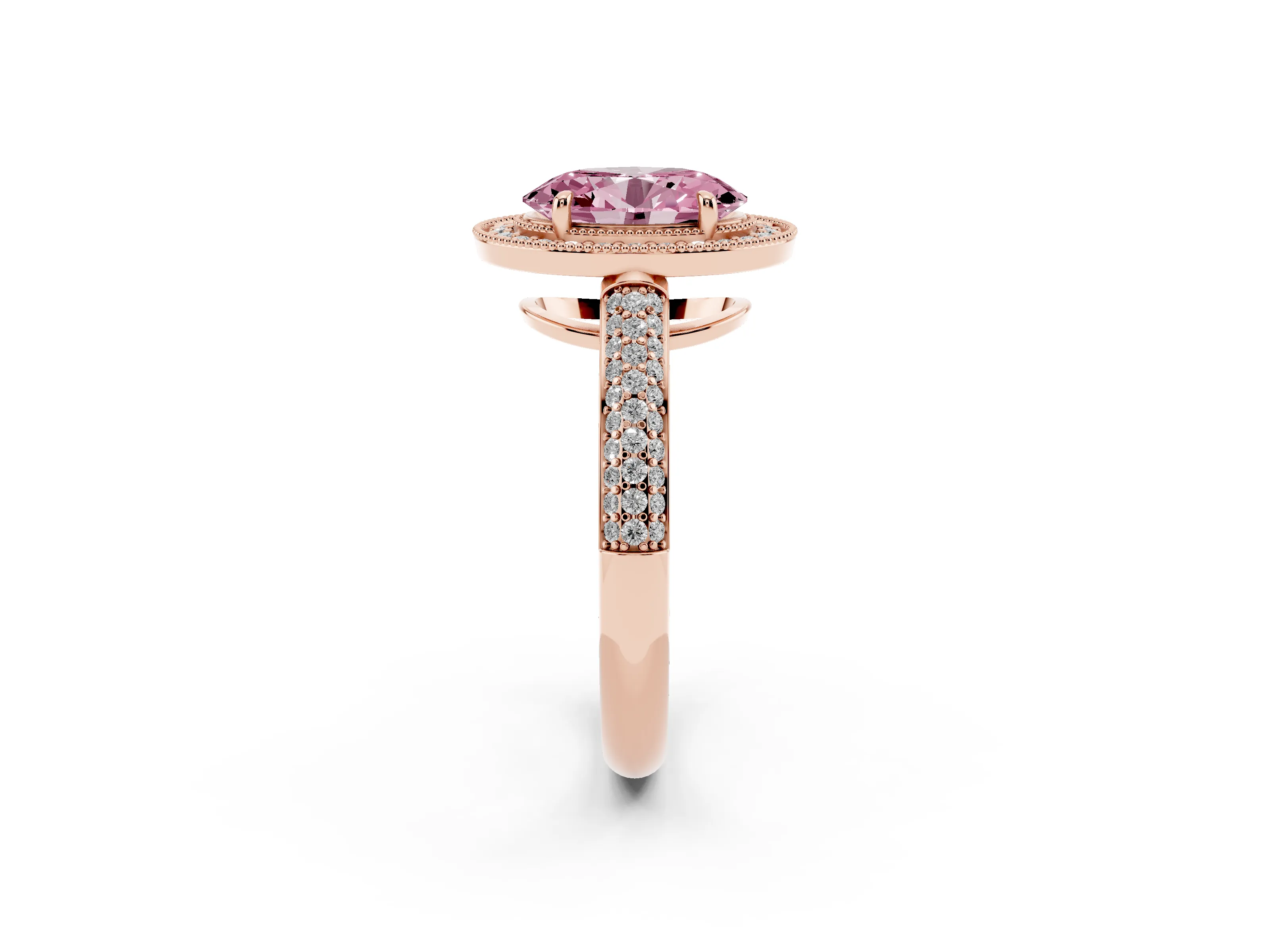 Fancy Pink Oval Cut Diamond Halo Pavé Band Set in Rose gold with Prong Setting