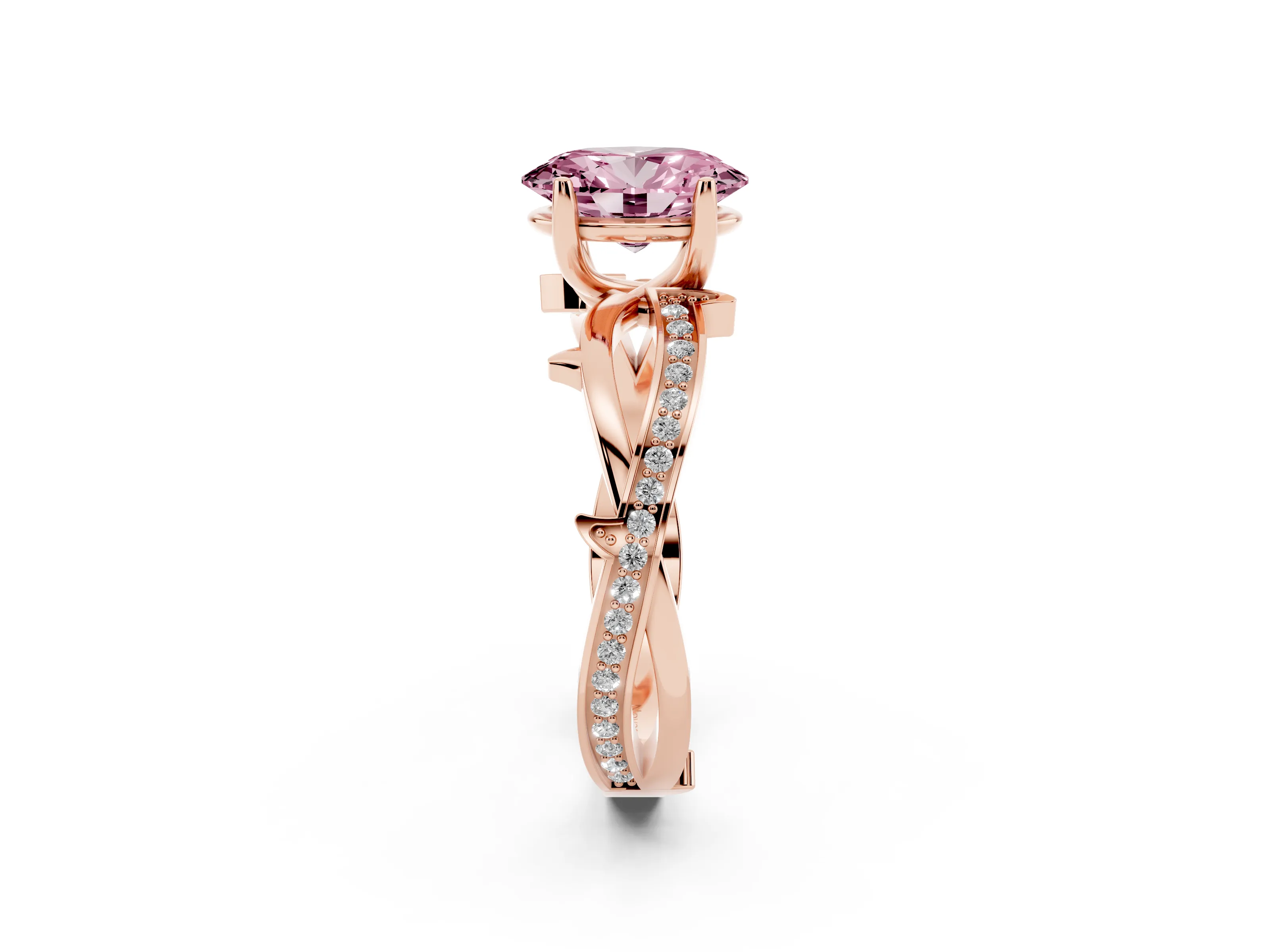 Fancy Pink Oval Cut Diamond Pavé Twist Band Solitaire Ring Set in Rose gold with Prong Setting