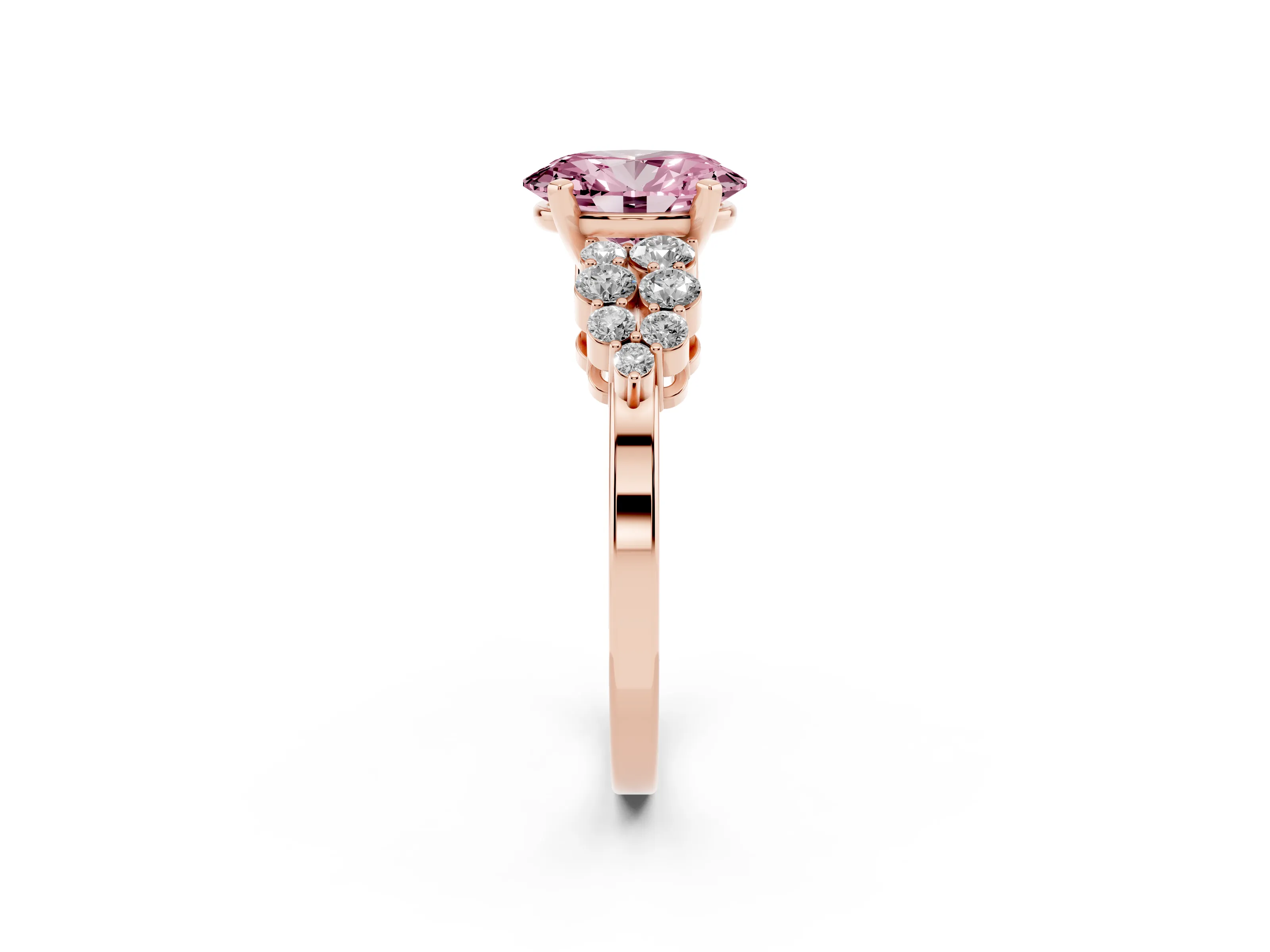Fancy Pink Oval Cut Diamond Cluster Engagement Ring Set in Rose gold with Pavé Band and Prong Setting